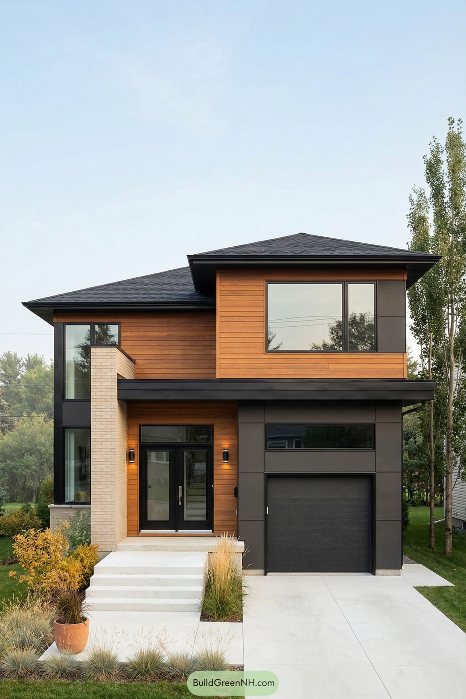 Modern two-story house with warm wood siding, black panels, and a single garage