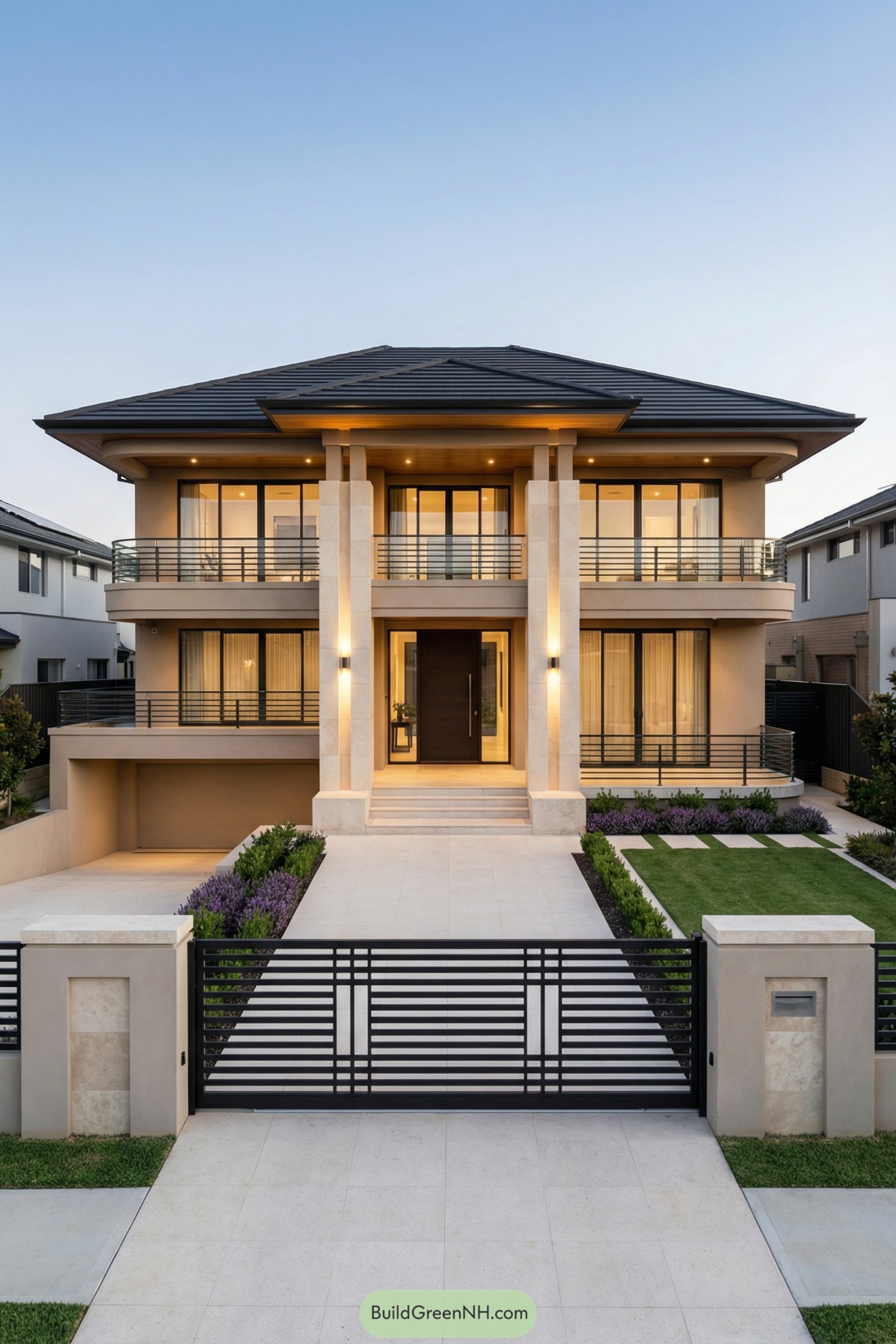 Modern two-story beige house with wide pillars, dark roof, and sleek black metal gate