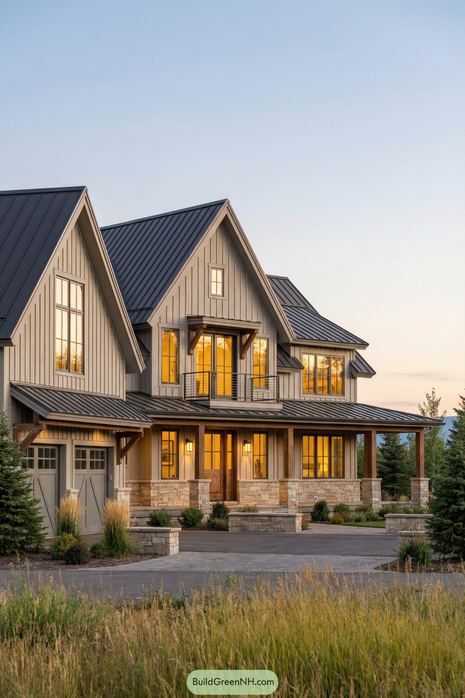 Warm-lit modern farmhouse with tall gables, metal roof, and stone-wrapped porch surrounded by soft prairie landscaping