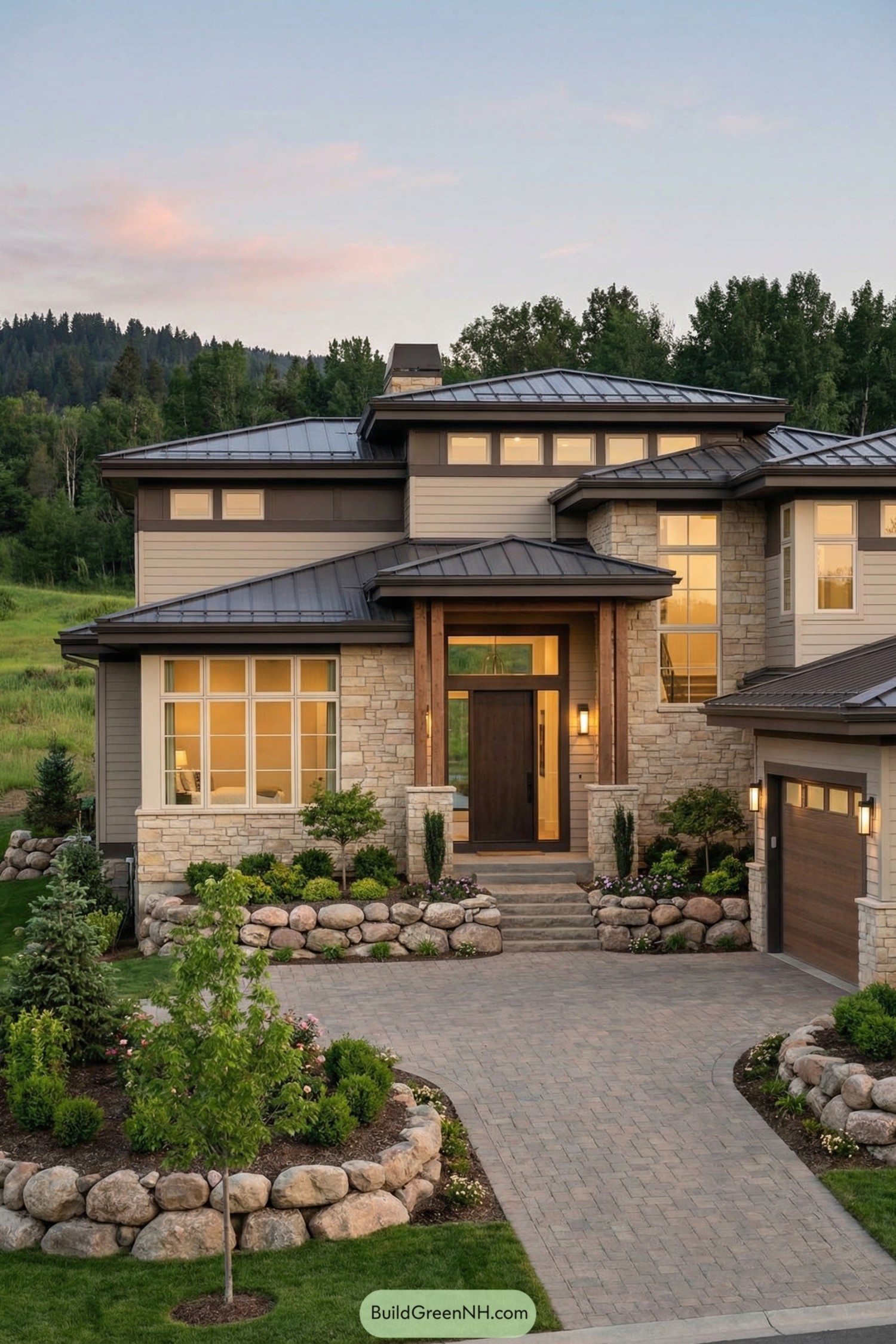 Contemporary stone and siding house with tiered metal roofs and landscaped rock gardens