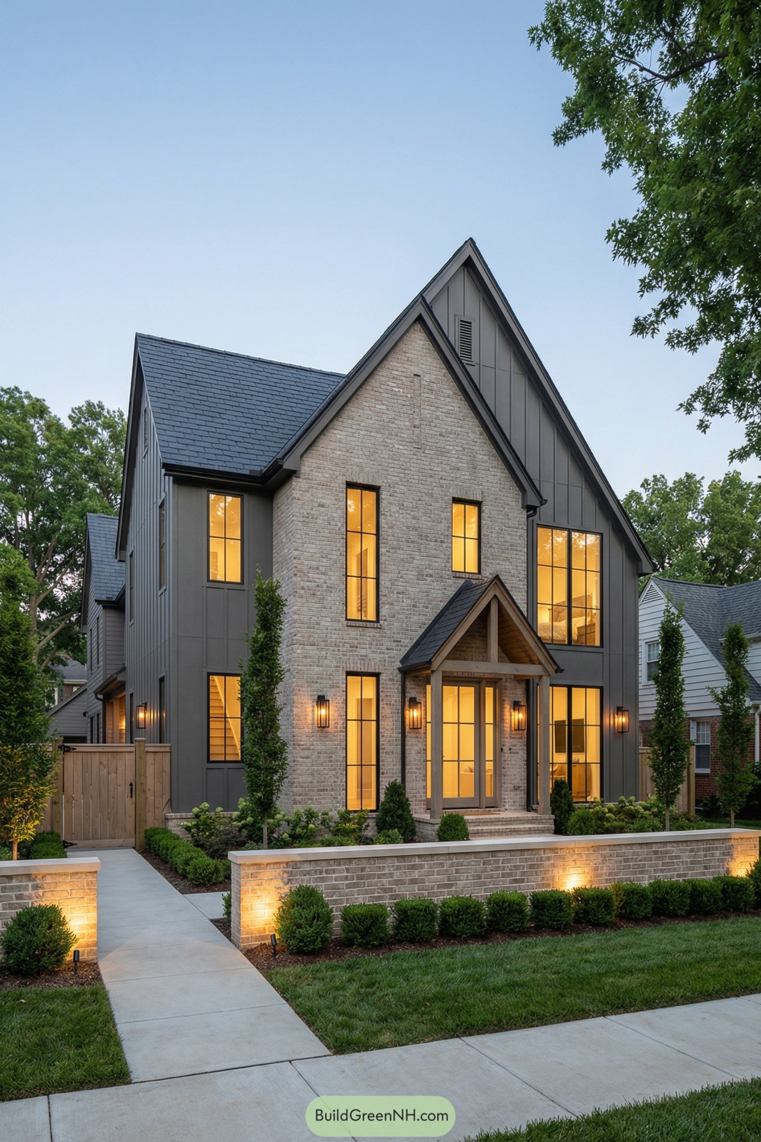 Modern gabled brick house at dusk