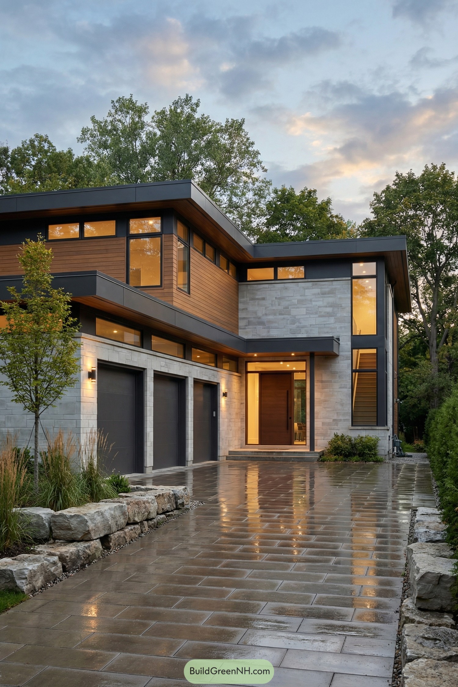 Modern two-story house with flat roofs large windows and mixed stone and wood siding along a wet paved driveway at dusk