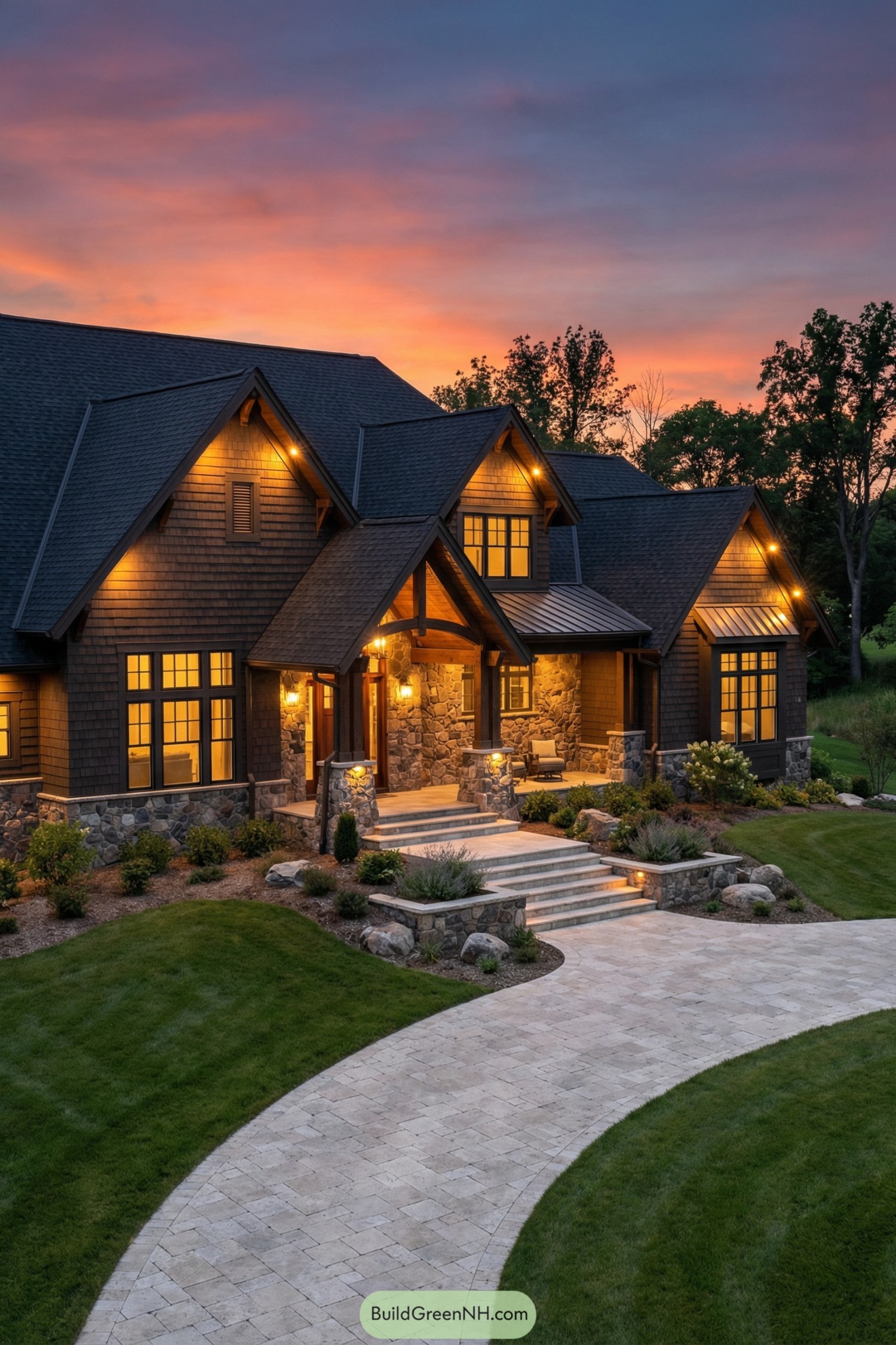 Warm shingle and stone house lit at dusk
