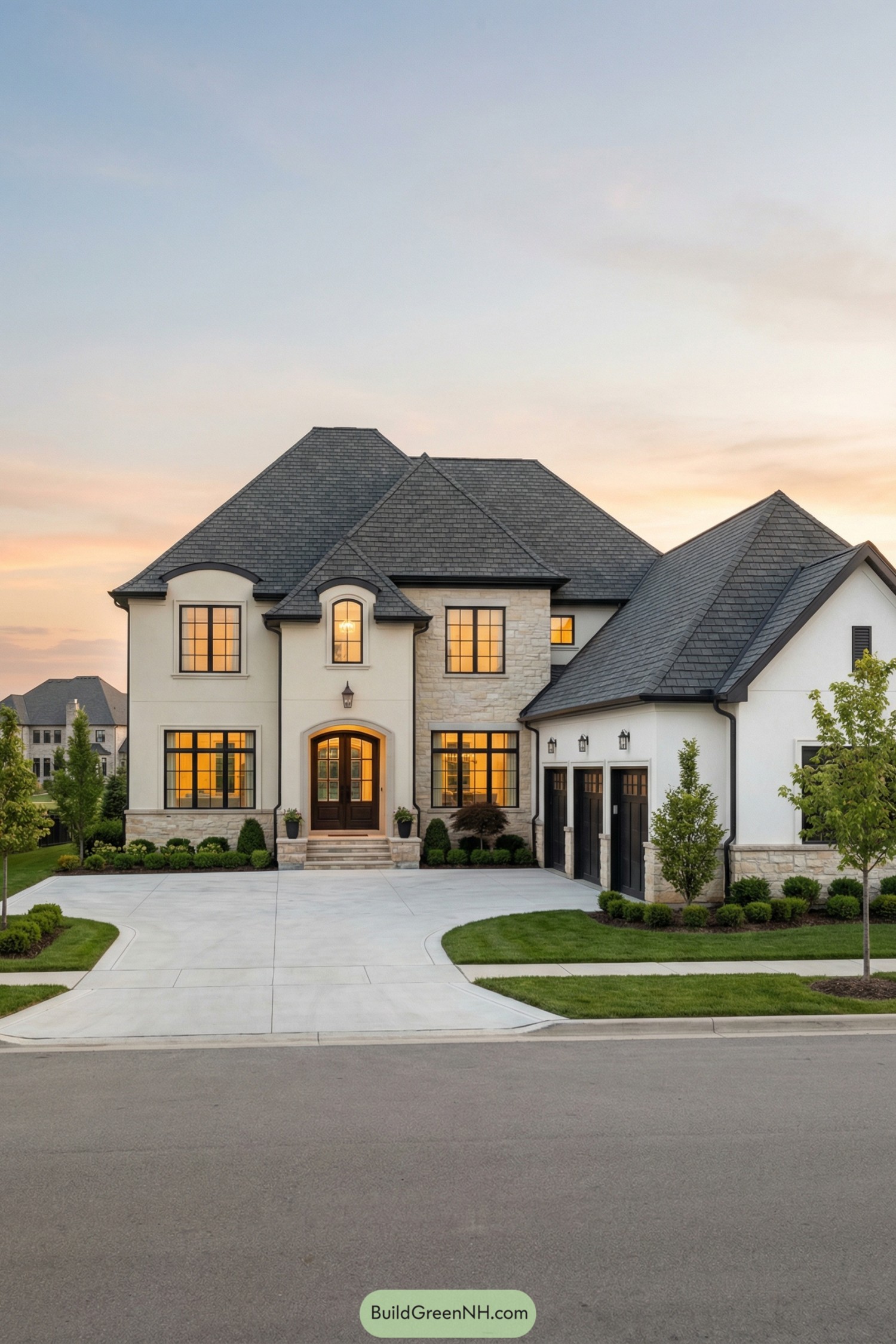 Large slate-roofed stone and stucco house at sunset with three-car garage and manicured lawn