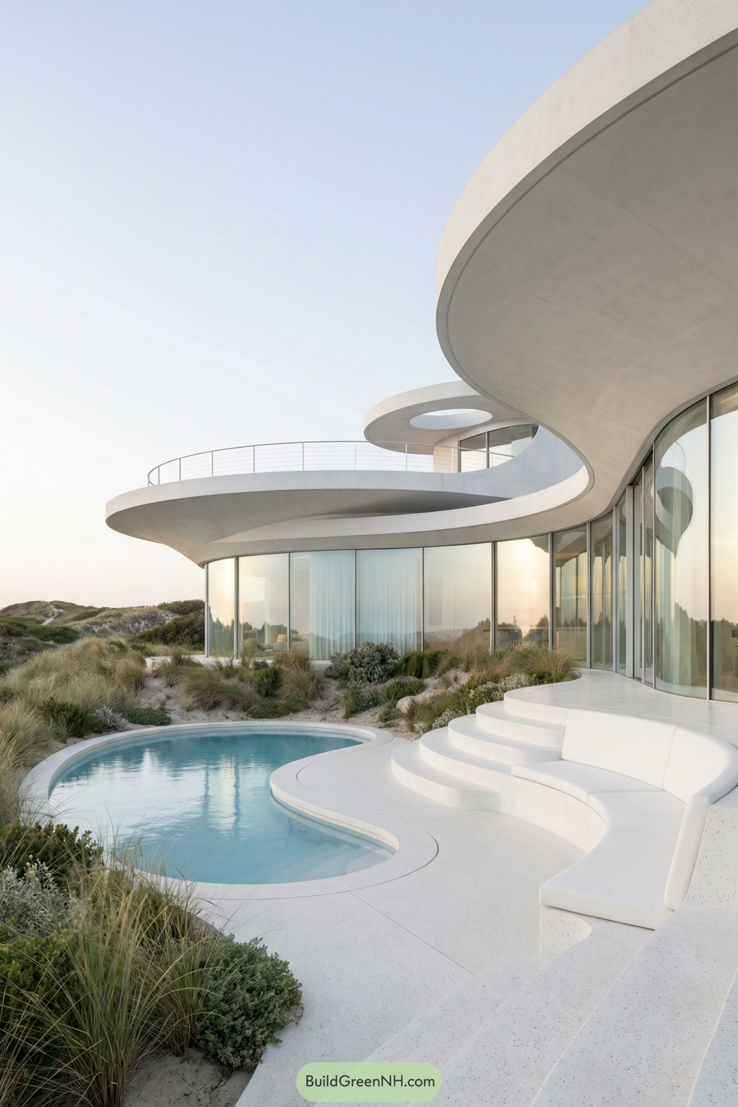 Futuristic white seaside home with flowing curves and pool