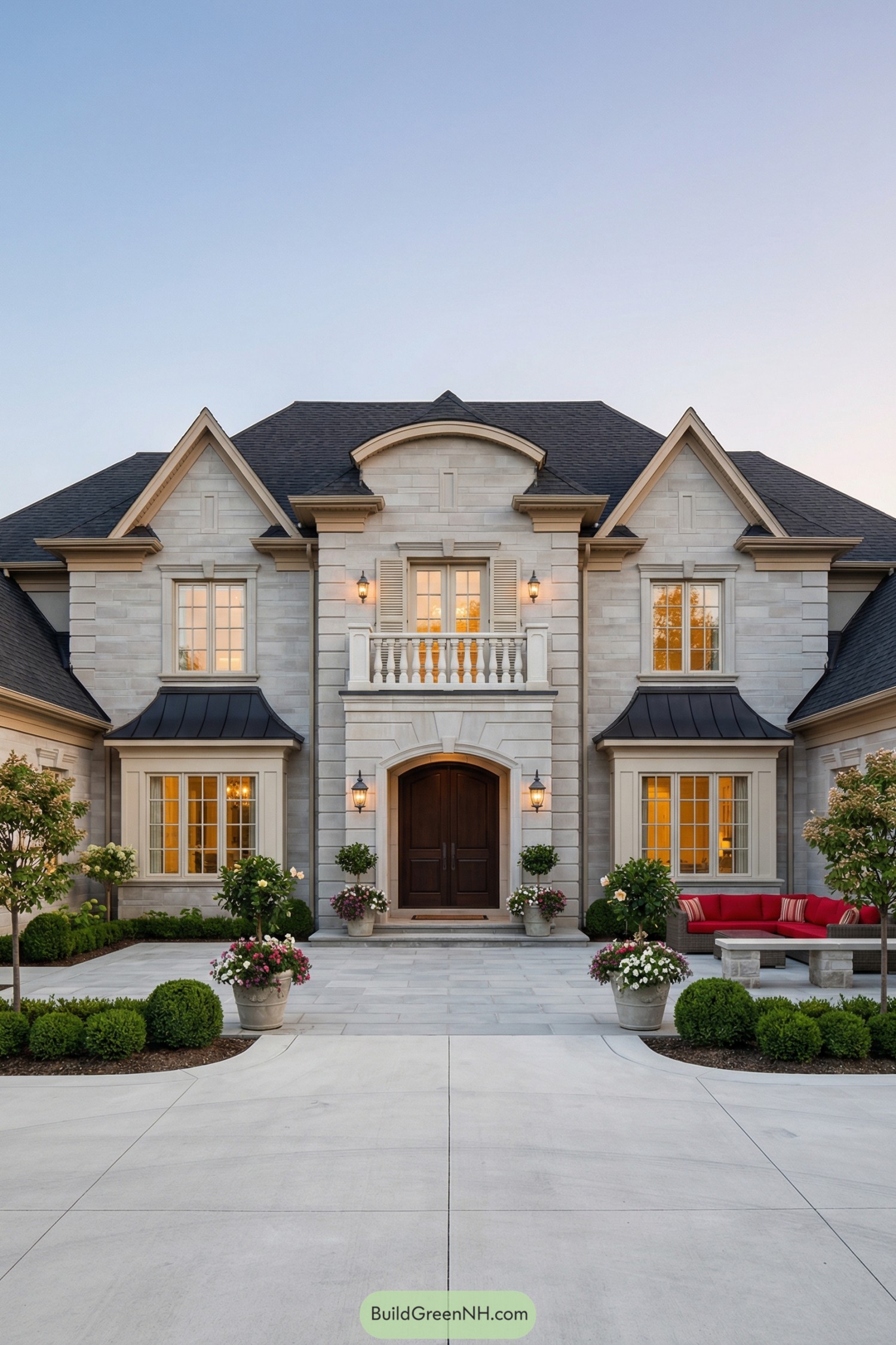 high-res photo of dream house exterior, grand two-story French chateau style facade with symmetrical composition, central projecting portico and balanced side wings, light grey dressed-stone cladding with subtle horizontal coursing, warm beige accents on cornices and trim, broad rectangular massing with slightly curved central gable and flanking lower rooflines, dark charcoal hipped roof with gentle pitch and multiple front gables, black metal shed roofs over side bays and porch extensions, elegant white cornices and exposed brackets under eaves, tall multi-pane casement and double-hung windows with cream frames and muntins, some topped with flat stone lintels and subtle keystones, upper central windows with decorative wooden shutters and a small white balustrade balcony, grand central entrance with wide stone steps leading to a deep arched portico, rich dark-wood double doors with glass panels and sidelights, warm golden lantern sconces flanking the arch and additional lanterns at side bays, paved front terrace in light grey stone, large planters with overflowing seasonal flowers around the entry, low manicured boxwood spheres edging the walkway, small ornamental trees and shrubs framing the facade, right side featuring an inviting outdoor seating nook with bright red cushions on a stone base, clean concrete driveway curving in front of the house, soft evening lighting glowing from interior windows, calm clear sky gradient from pale blue to soft dusk tones in the background, no visible neighboring buildings, setting focused tightly on the house and its picture-perfect landscaped forecourt, real-life photo, high-resolution, architectural photography, soft lighting, cinematic composition.