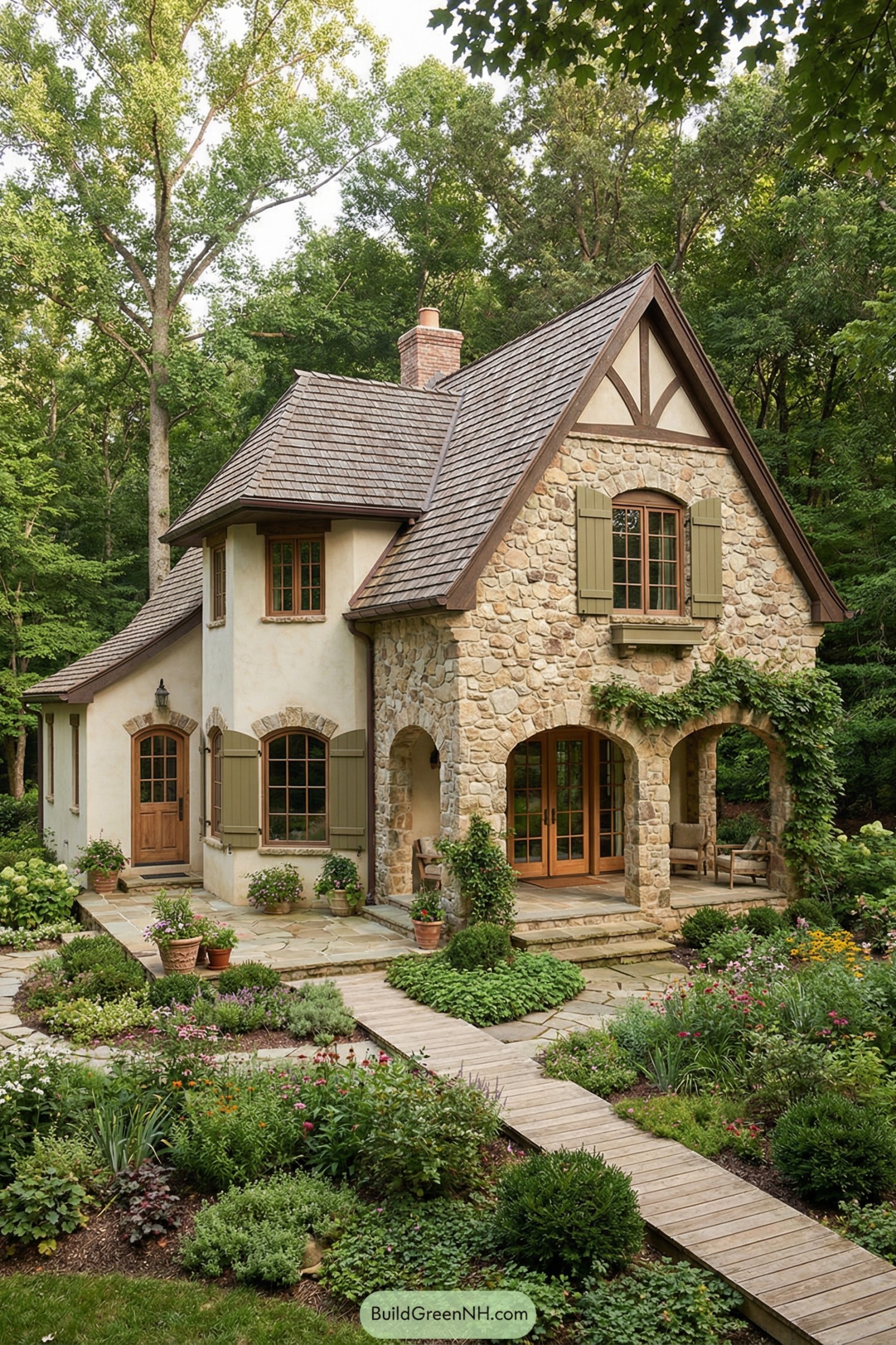 Stone cottage with arched porch and cottage garden