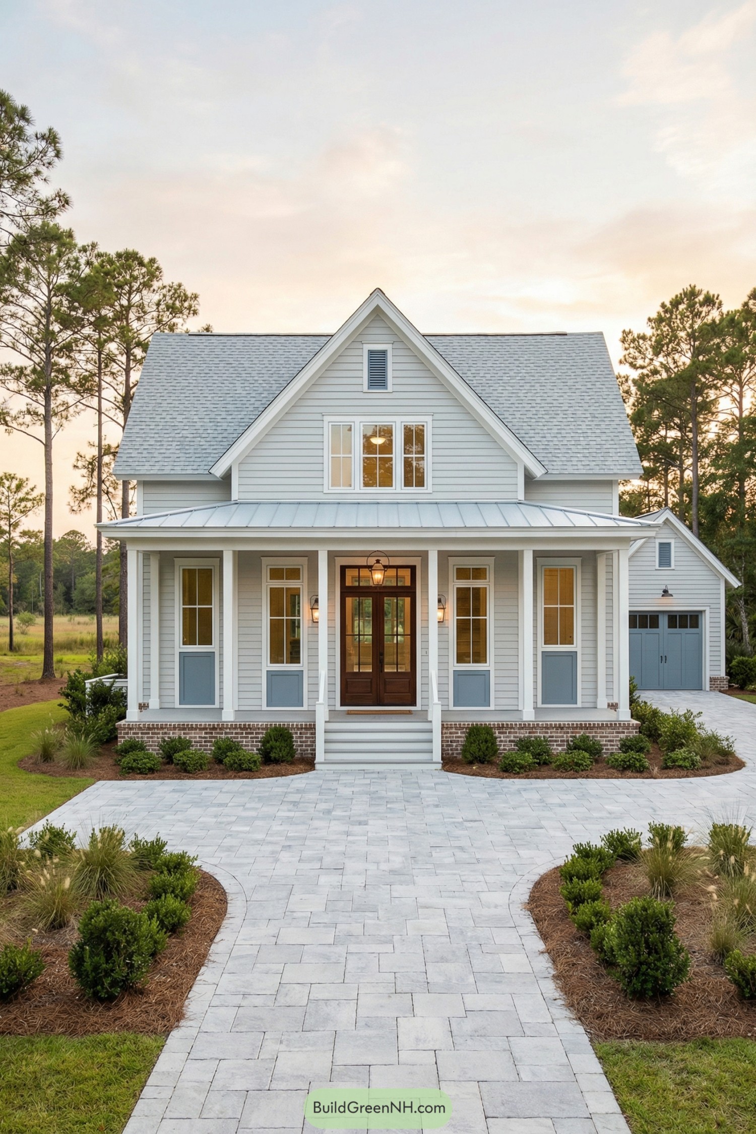 Light blue farmhouse with front porch and detached garage at sunset