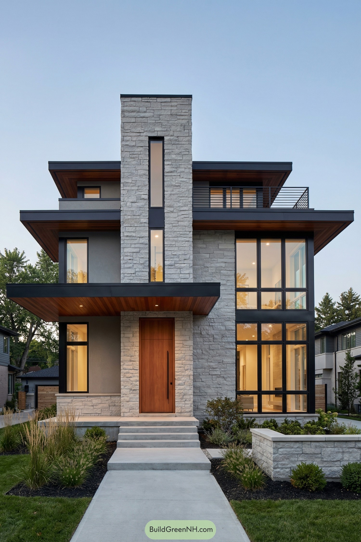 Three-story modern home with stone tower, deep overhangs, and expansive grid windows at dusk