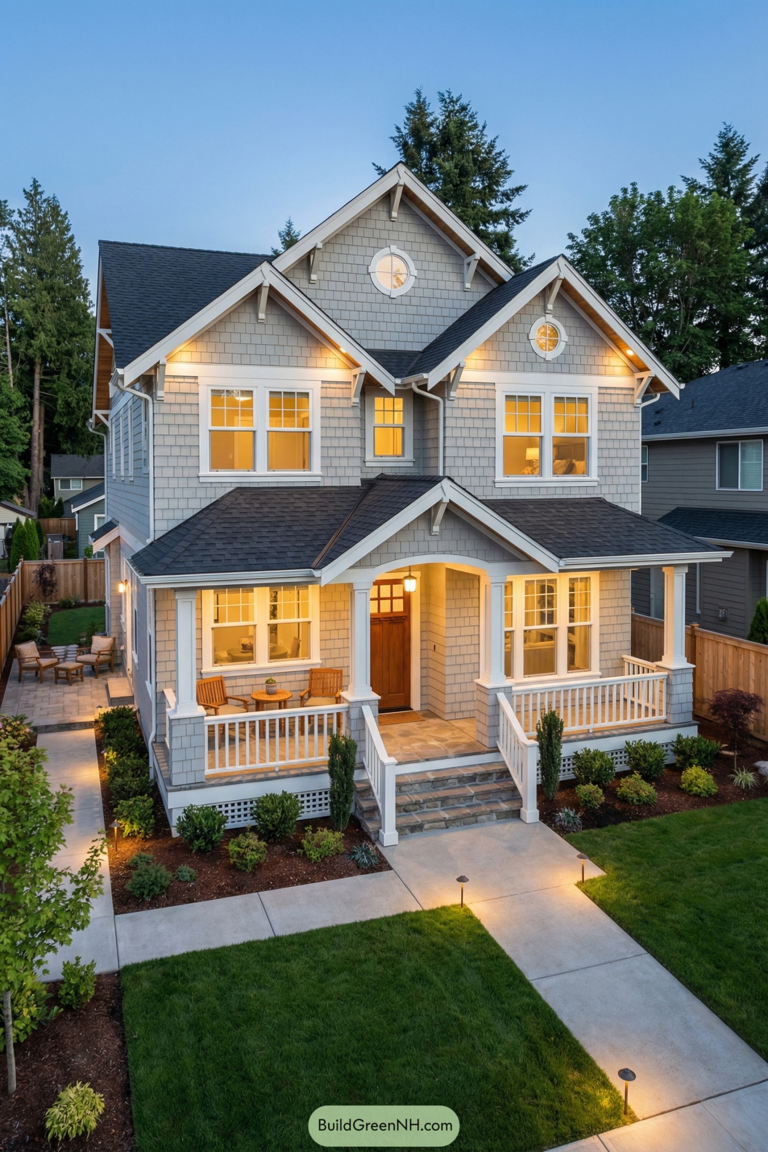 Gray shingle two-story house with warm porch and gabled roof lighting at dusk