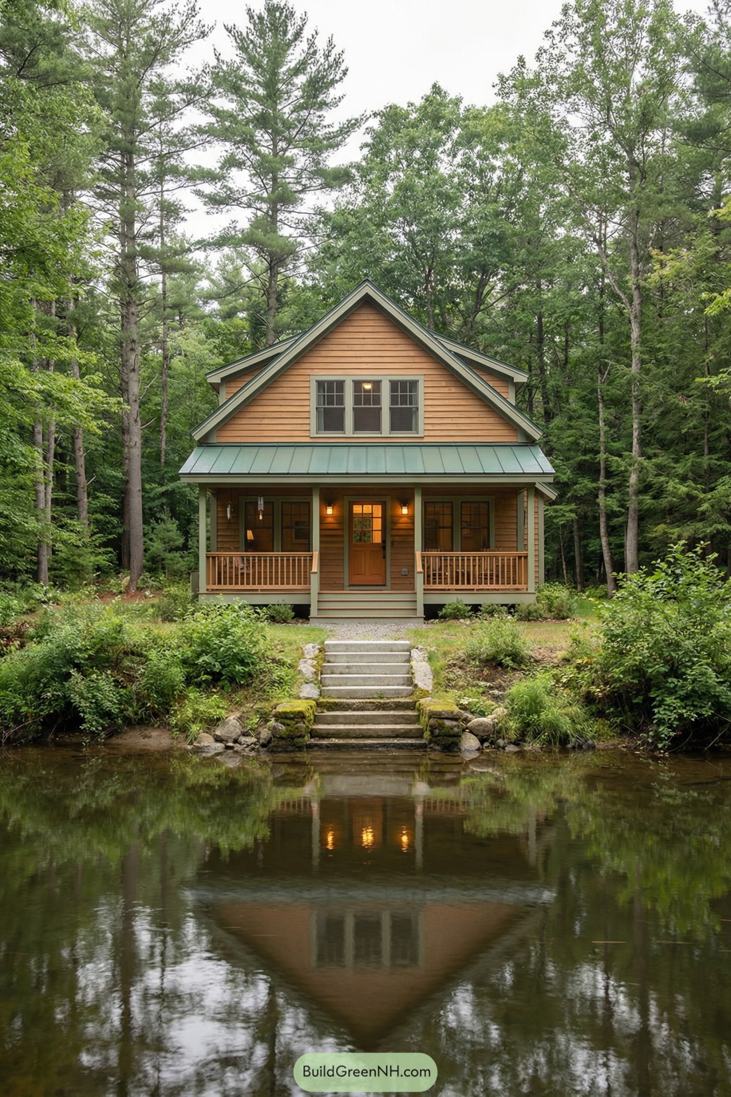 Warm wood cottage facing a calm creek