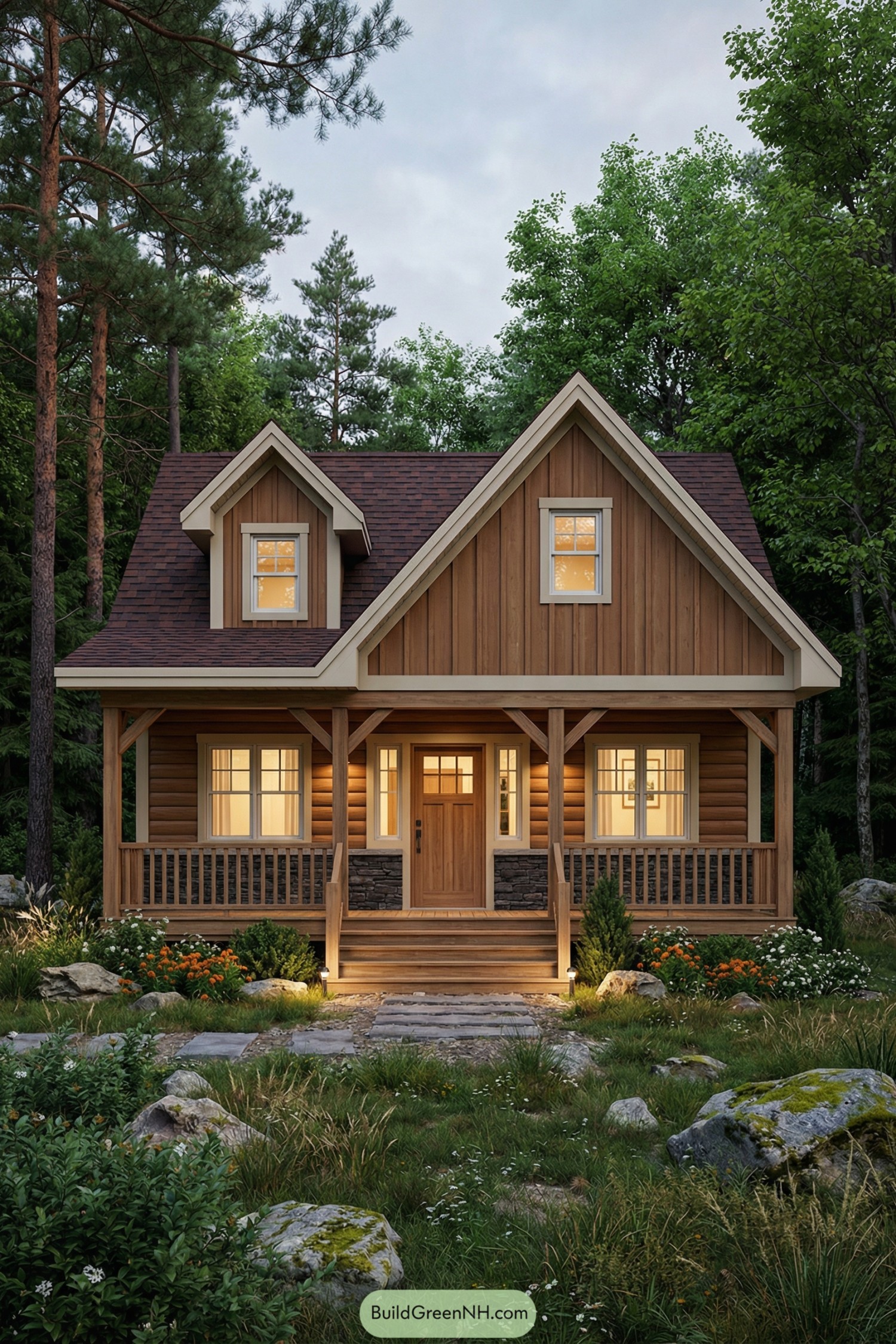 Cozy wooden cottage with warm lights glowing in a lush forest clearing