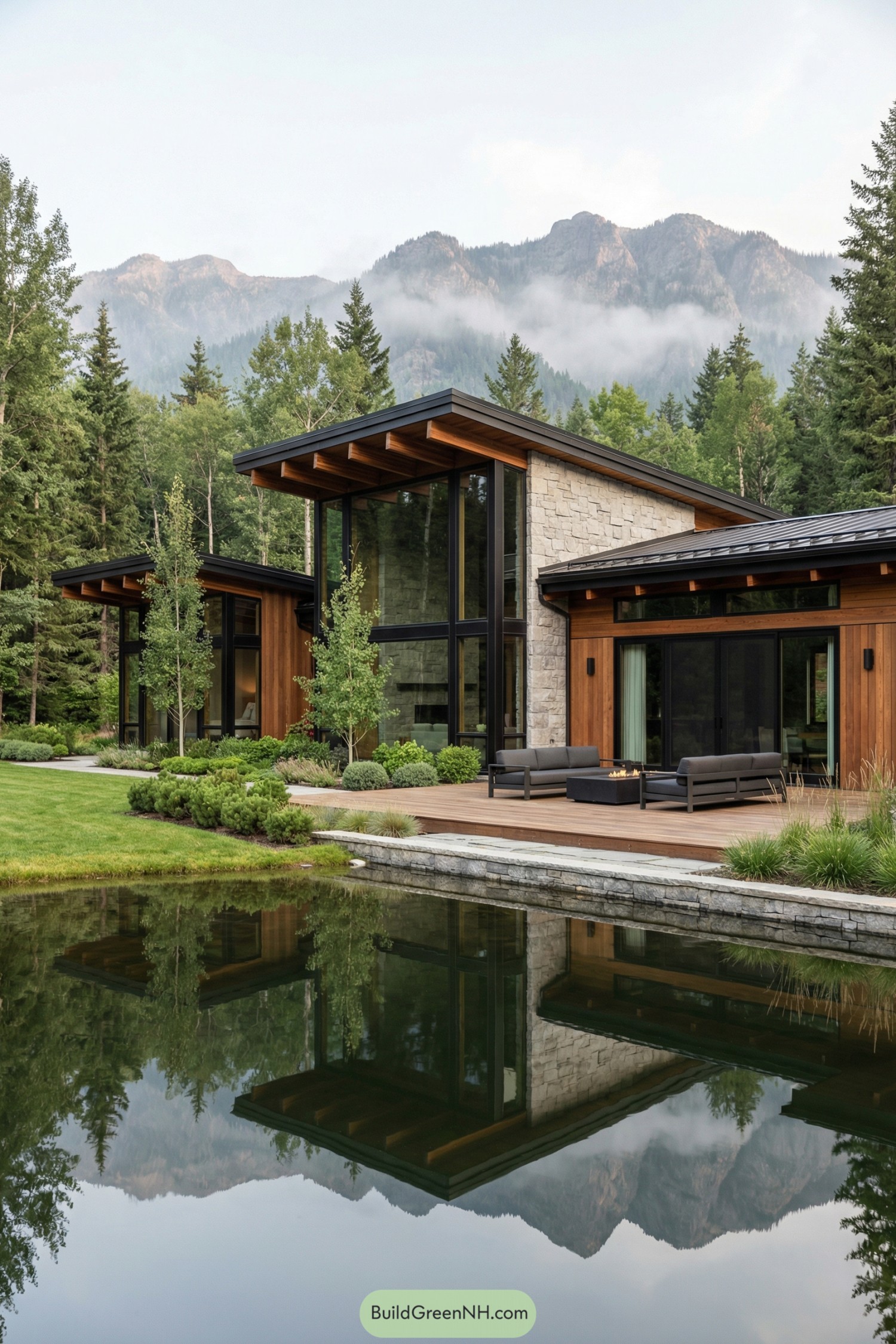Modern timber and glass house beside a still reflective pond in a forested mountain setting