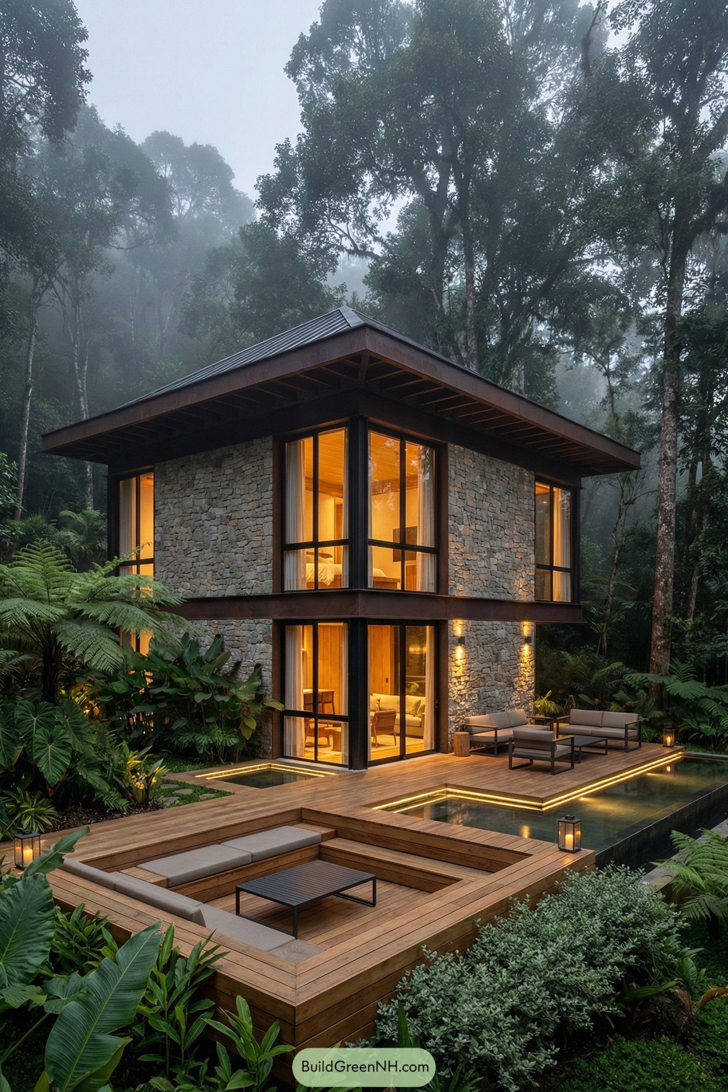 Two-story stone-and-glass house with warm interior lighting, wood deck, and sunken seating beside reflecting pools in a misty forest