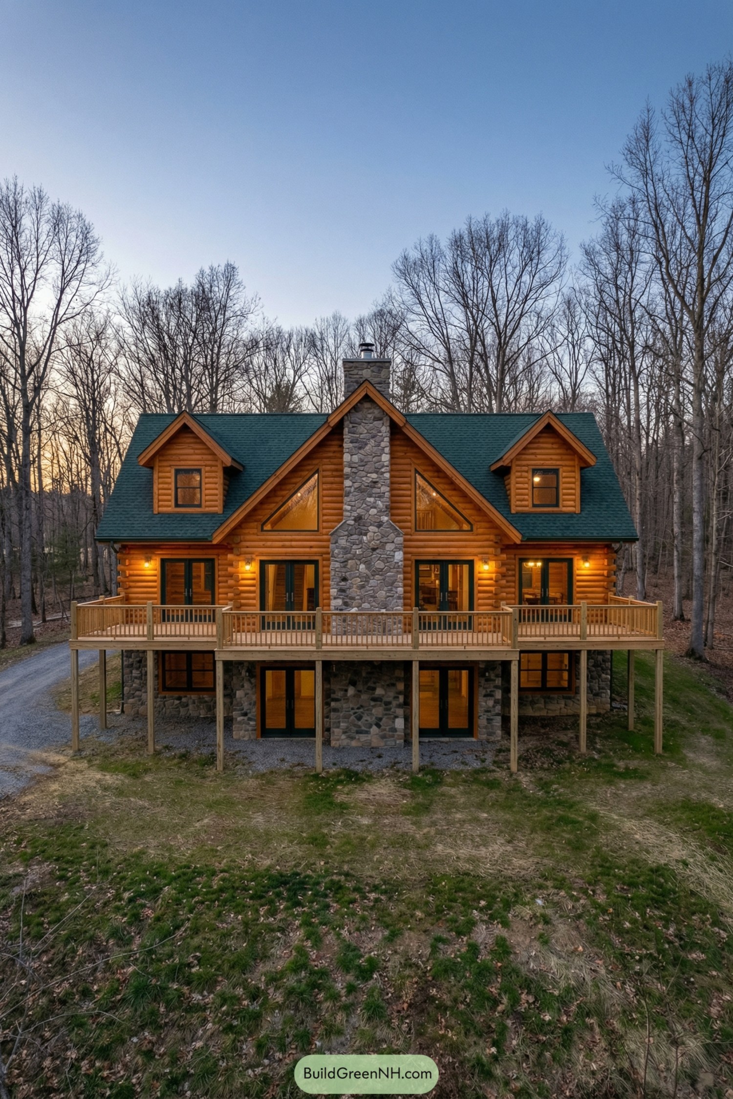 Two-story log cabin with tall stone chimney and wraparound deck in a quiet forest clearing at dusk
