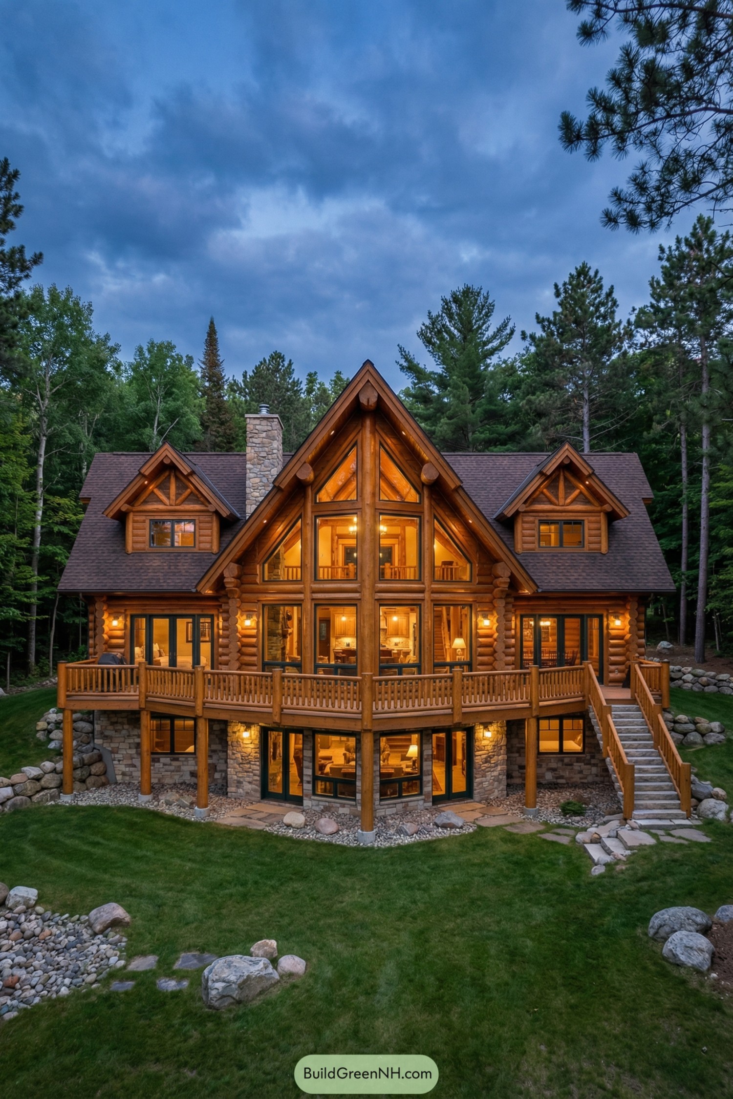 Warmly lit three-story log chalet with large glass facade and wraparound deck in a forest clearing at dusk