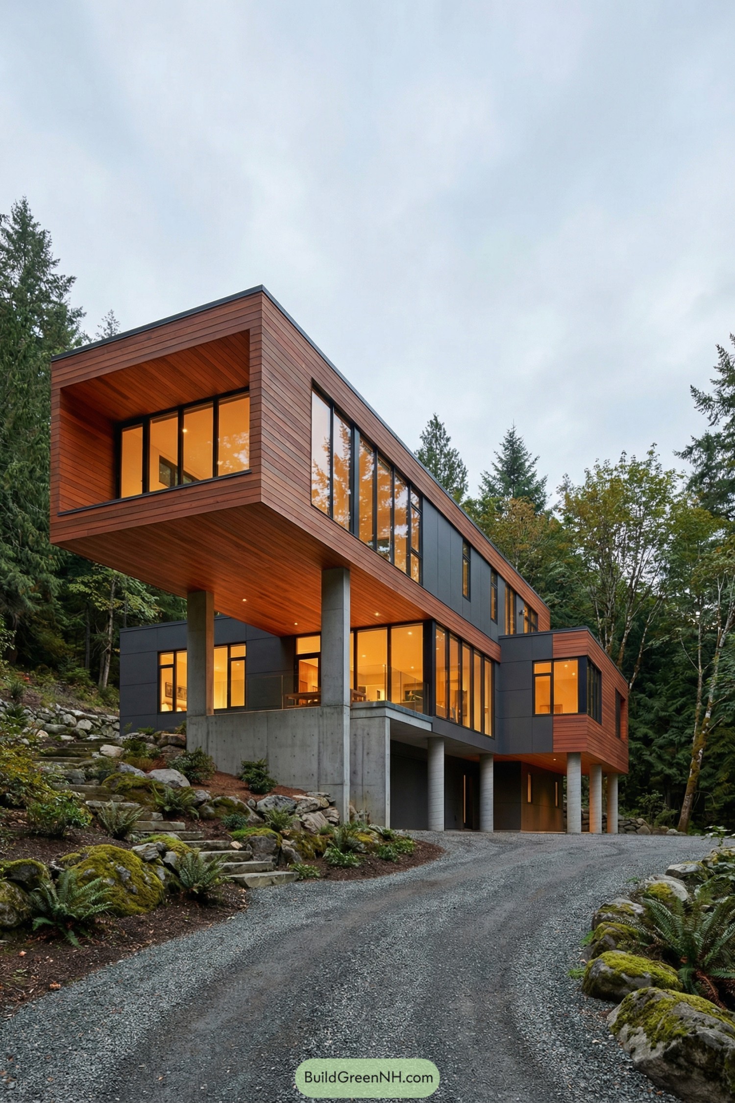Modern elevated woodland house with large windows