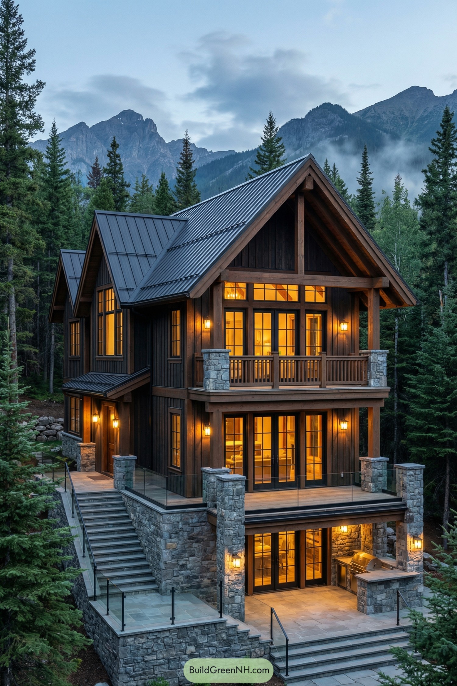 Three-story timber and stone mountain cabin at dusk