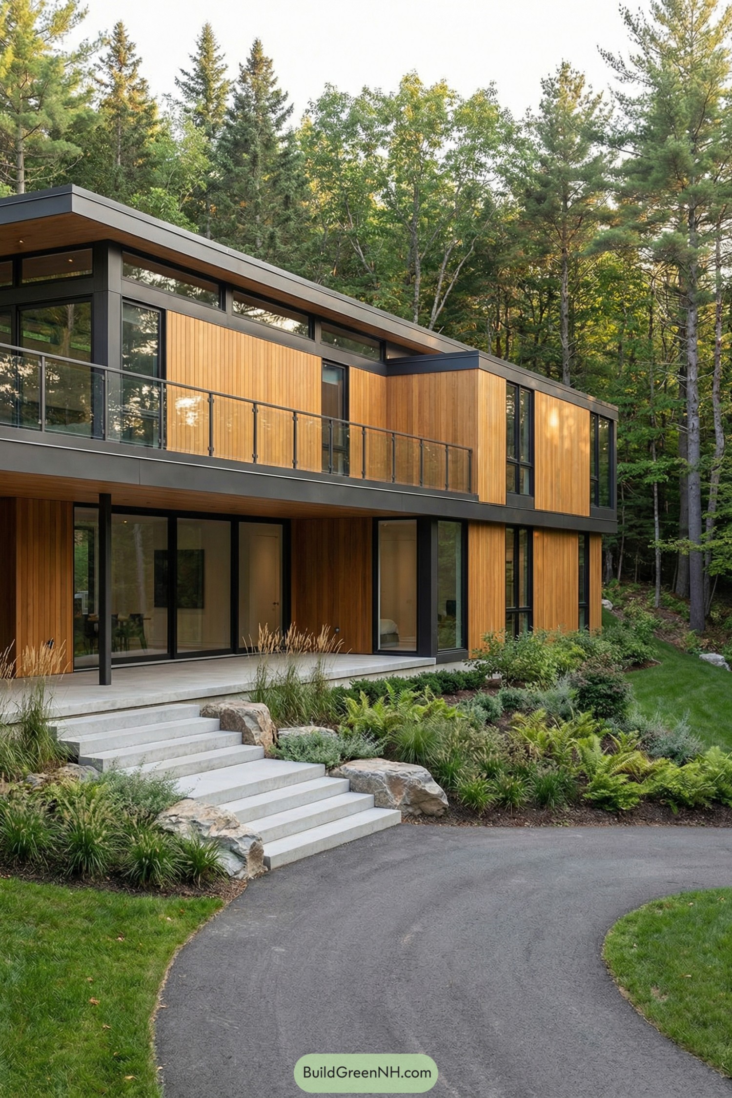 Modern two-story cedar and glass house nestled in lush forest landscaping