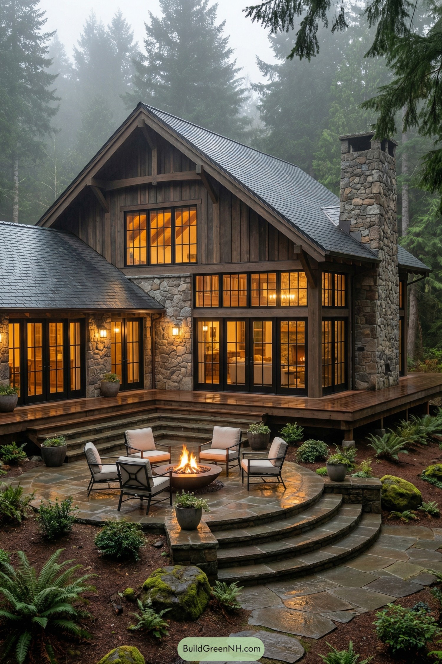 Cozy stone and timber lodge with terraced patio and fire pit