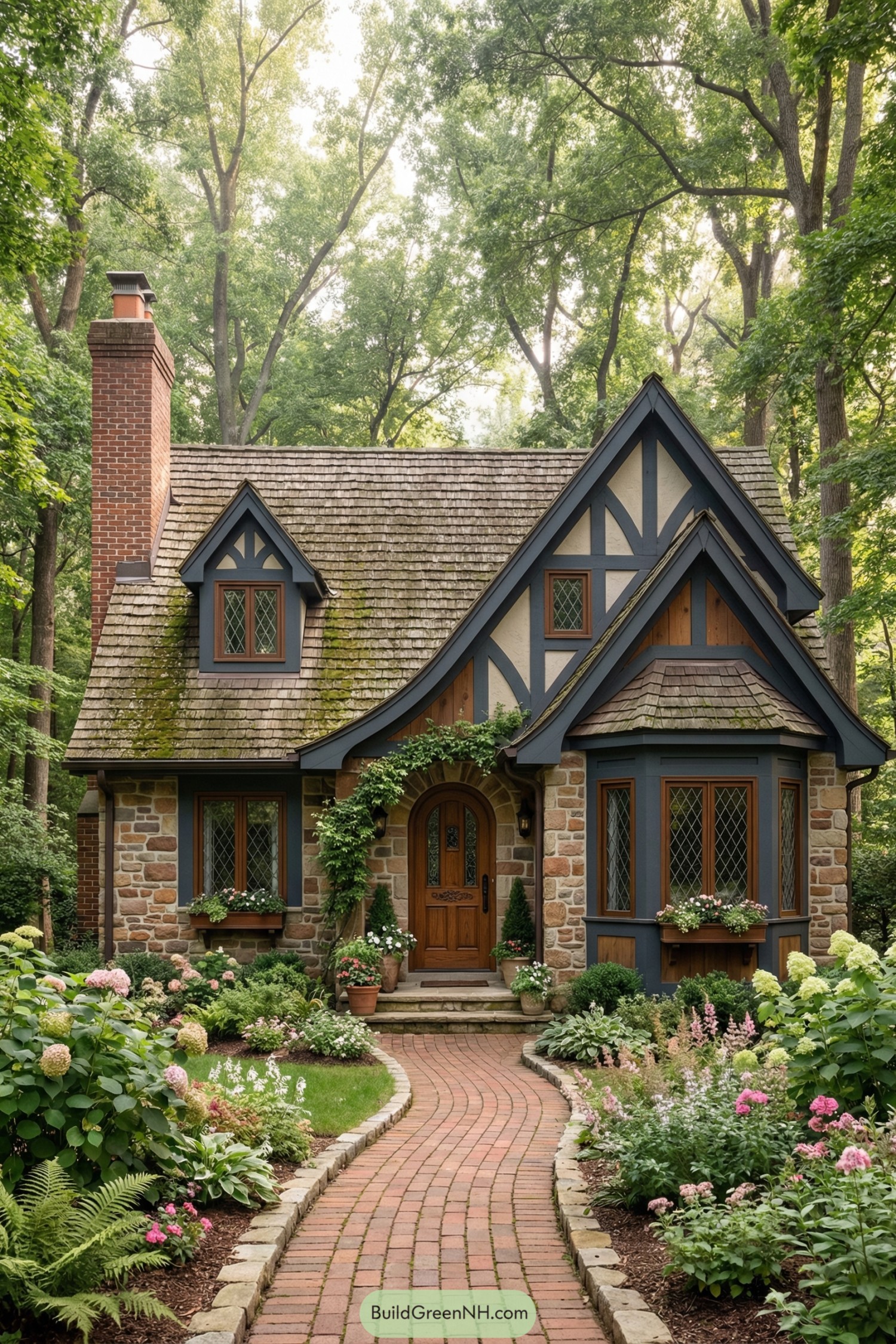 Charming Tudor-style woodland cottage with brick walkway and lush flower garden