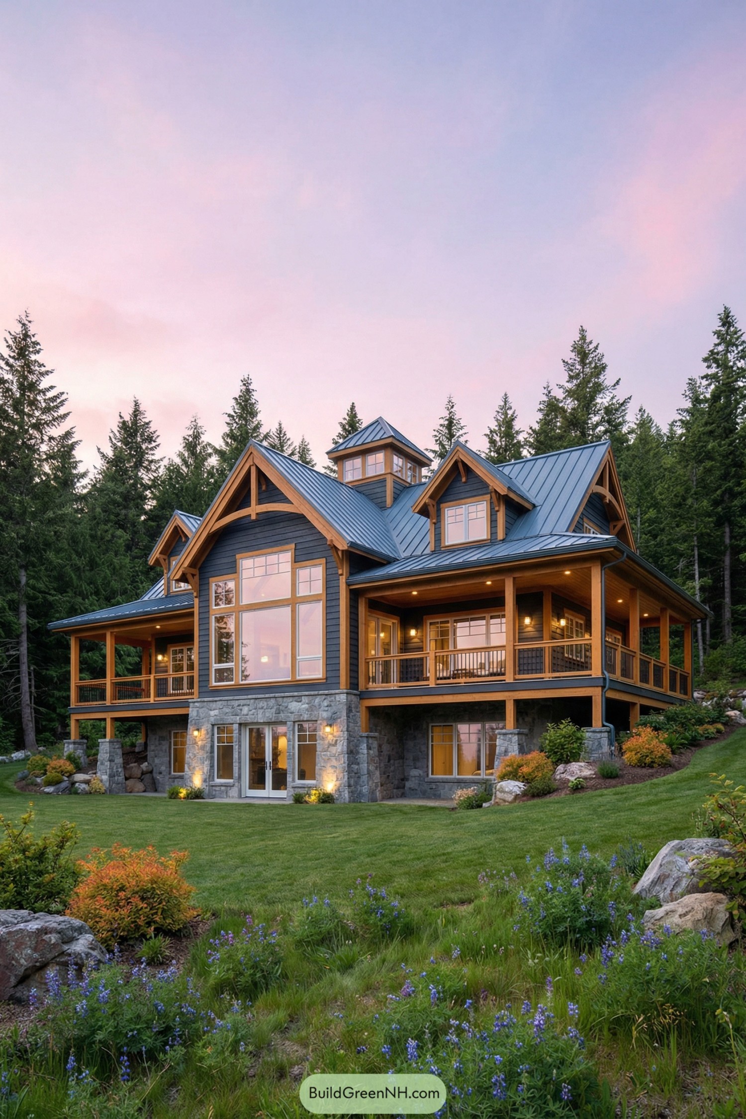 Timber and stone forest house at dusk