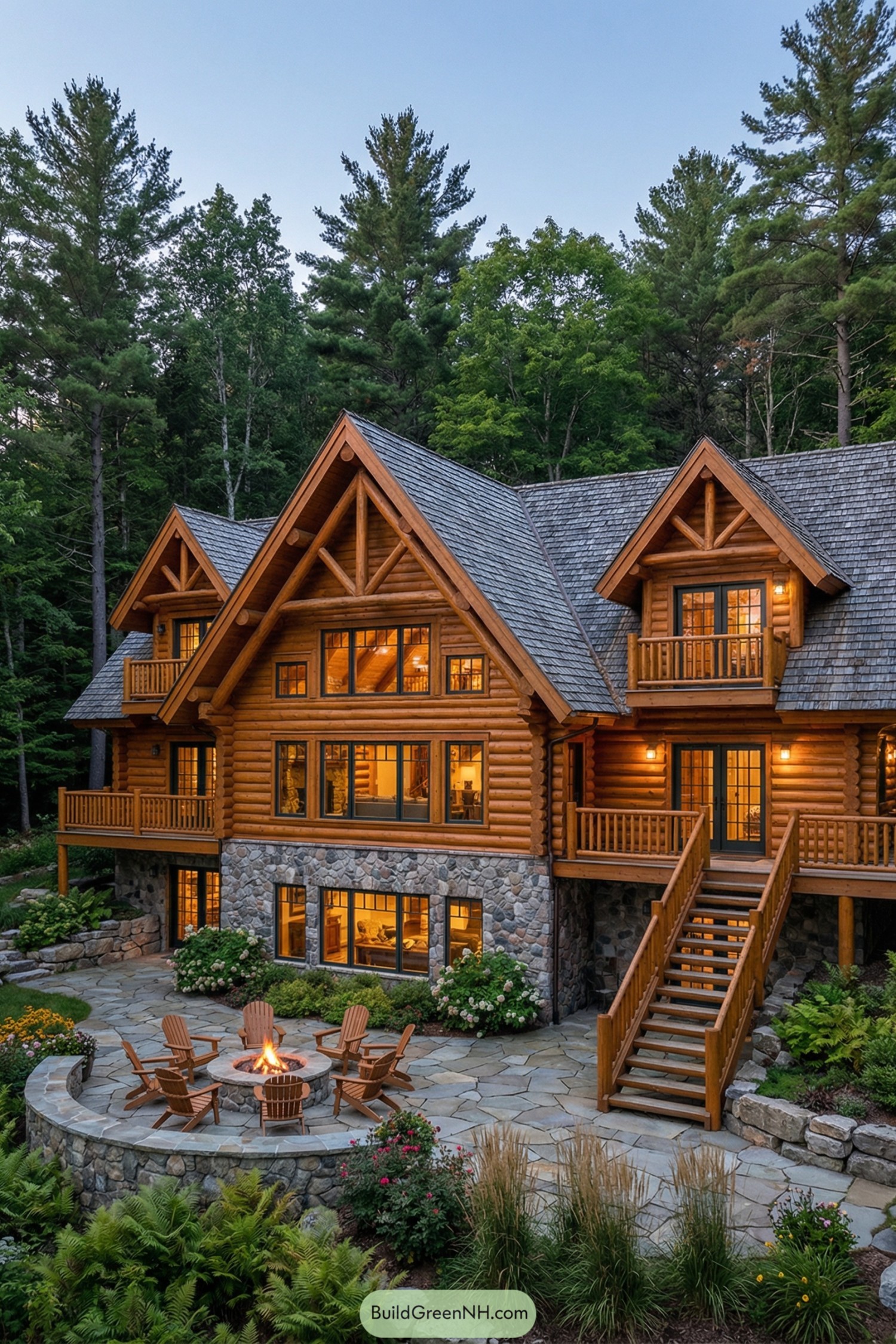 Rustic log lodge with stone firepit patio
