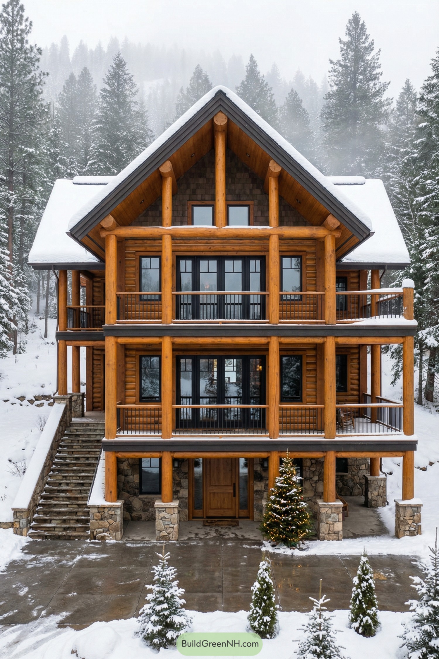 Three-story log lodge in snowy pine forest