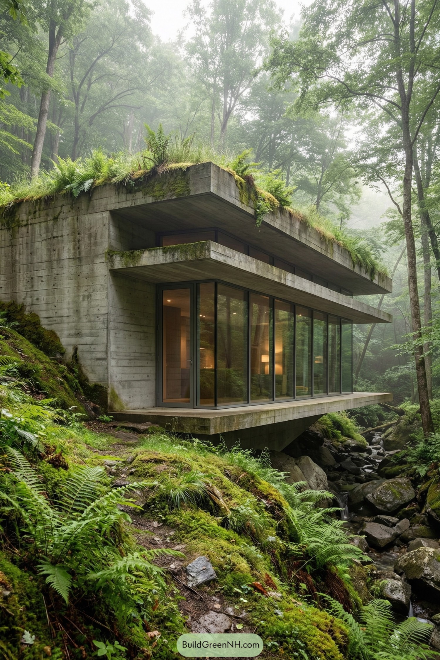 Modern concrete cabin cantilevered over forest creek