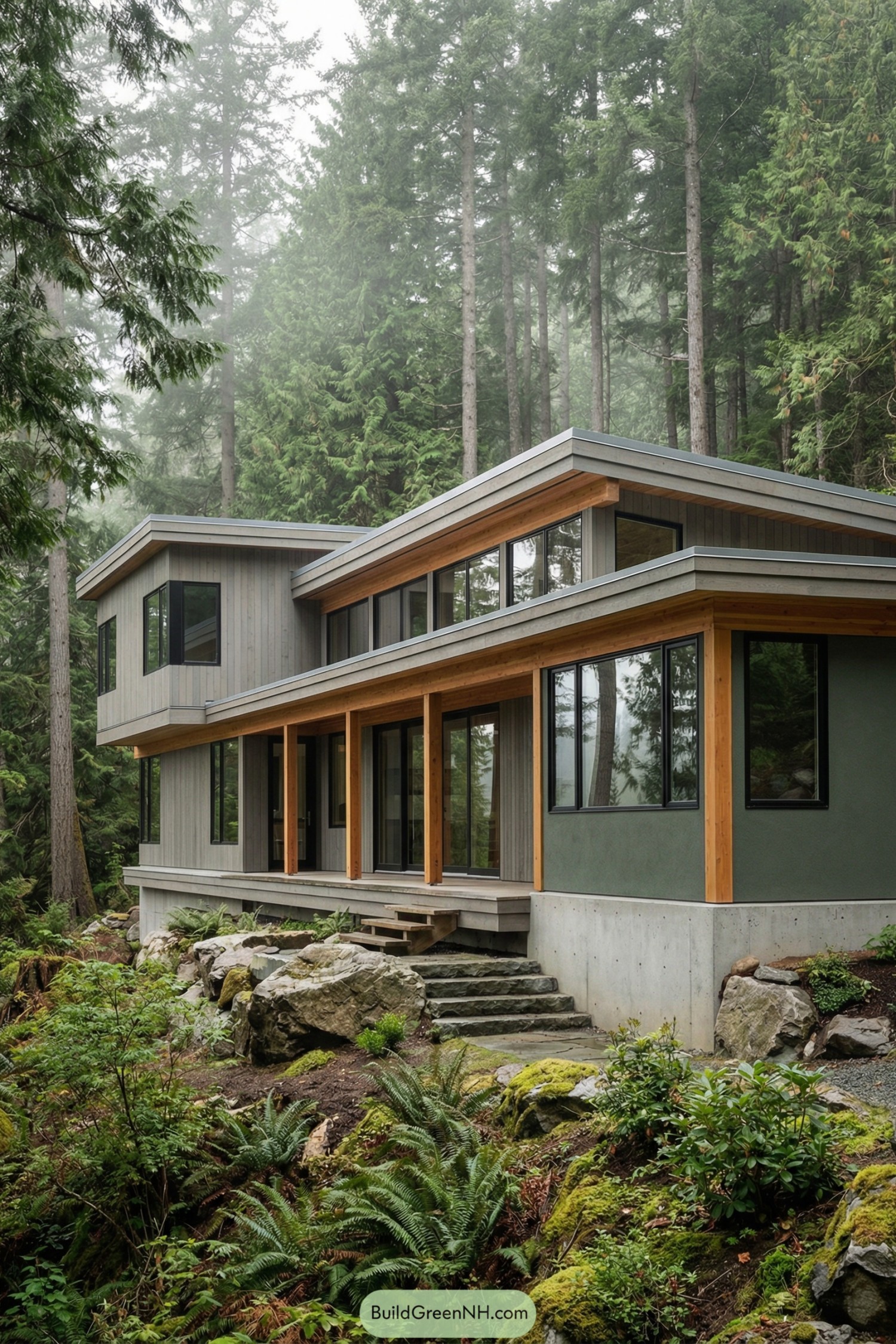 Modern wood and glass cabin nestled in a misty evergreen forest