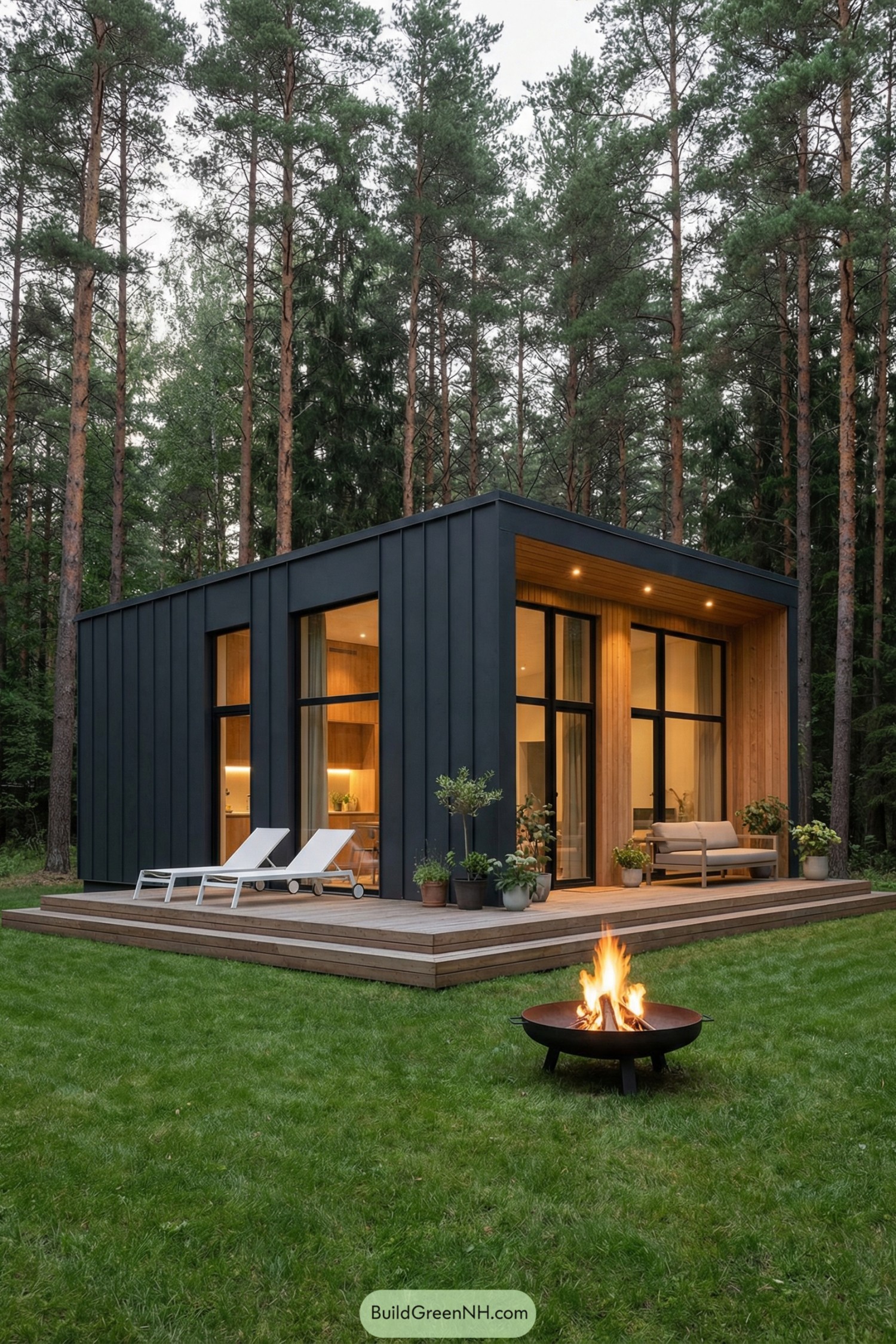Modern boxy cabin with wood deck and fire pit set in a tall pine forest