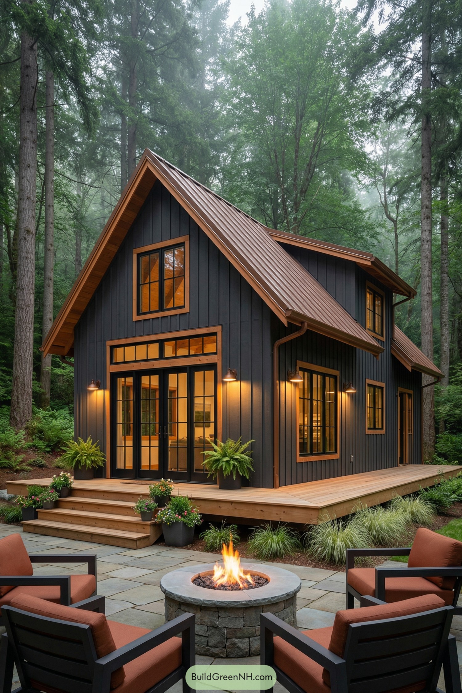 Cozy dark wood cabin with large windows glowing over a stone fire pit patio in a misty forest