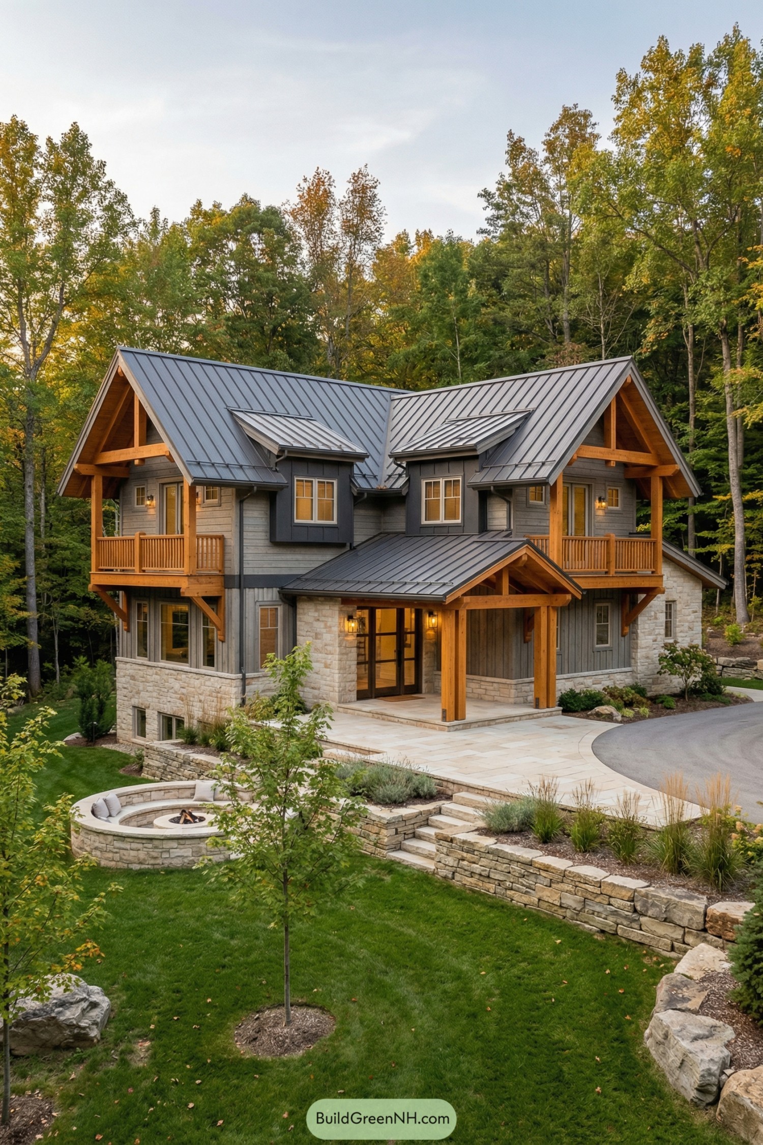Modern timber and stone house set in lush woods