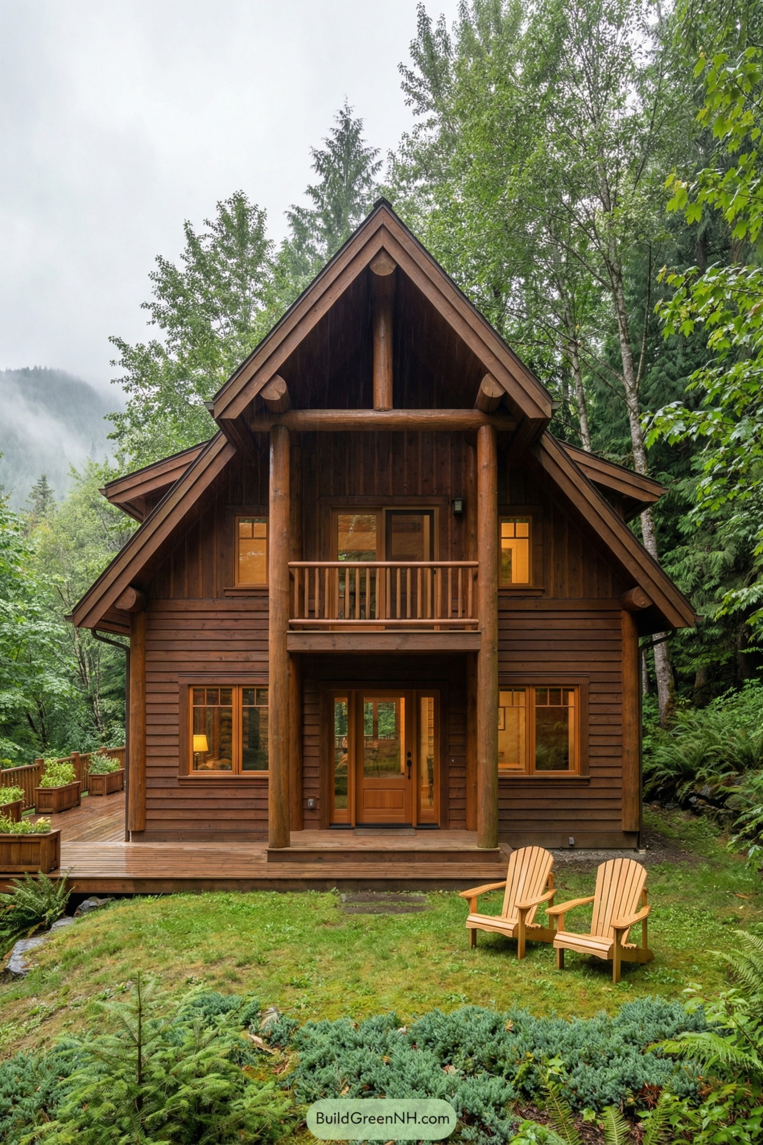 Two-story wooden cabin in lush forest