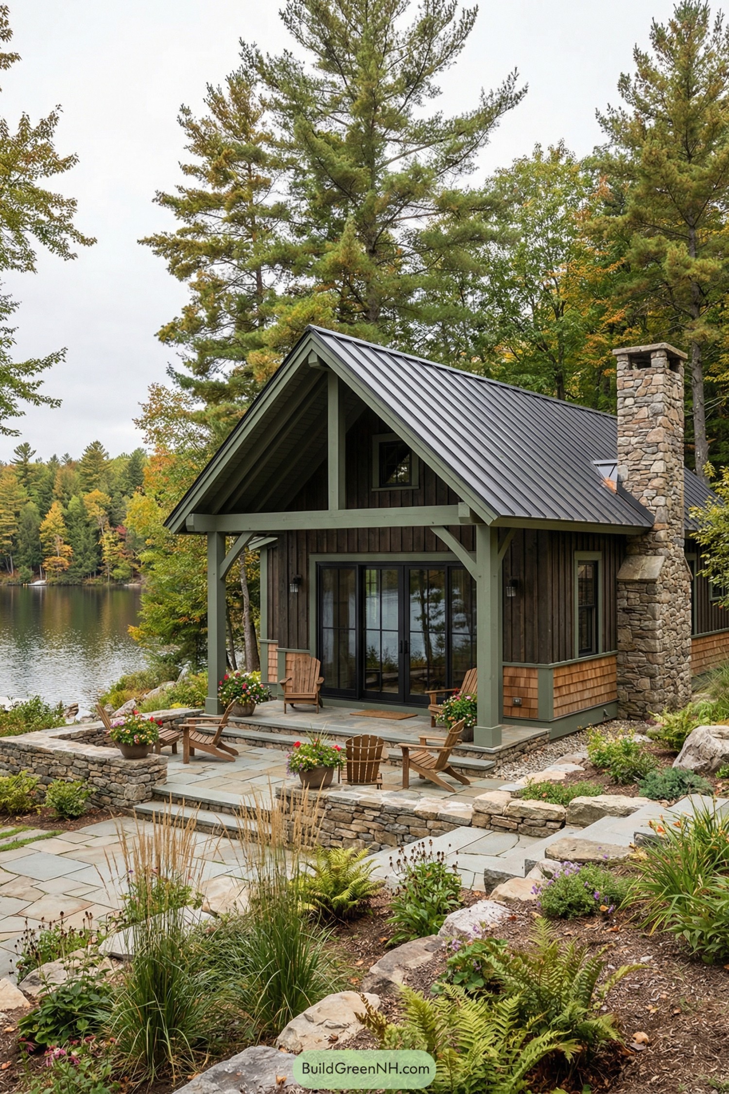 high-res photo of dream house in the woods, rustic-lakeside facade with front gabled porch, dark-stained vertical wood siding with shingled lower band, muted green structural trim and posts, natural stone chimney on side; earthy palette of dark brown wood, green trim, gray stone, and soft metal tones; compact rectilinear main volume with a projecting single-story gable facing the water, low horizontal profile nestled into a gentle slope; exterior materials of rough timber cladding, shingle siding, stacked fieldstone foundation and terrace edging, exposed painted timber beams, and standing-seam metal roofing in dark charcoal; simple gable roof over porch and taller intersecting gable behind, clean eaves and minimal overhangs; expansive glass wall with black-framed sliding doors beneath the porch, paired small arched side windows with light trim set into wood siding; main entry implied as full-height glass doors under porch, framed by green-painted posts and beams, no ornamentation besides climbing ivy; generous stone terrace in front with large flagstone slabs and low dry-stack stone walls, scattered wooden Adirondack chairs and loungers, potted flowering plants at porch corners, single stone step down to sloping lawn; lush landscaping with terraced rock garden in foreground, mixed perennials, ornamental grasses, ferns, and low shrubs growing between natural boulders; surrounding environment of tall pine and mixed hardwood trees, tranquil lakeshore immediately beyond terrace, still water reflecting forested opposite bank with early autumn colors and low rolling hills, soft overcast sky creating even, gentle light, overall secluded woodland-lake setting; real-life photo, high-resolution, architectural photography, soft lighting, cinematic composition.