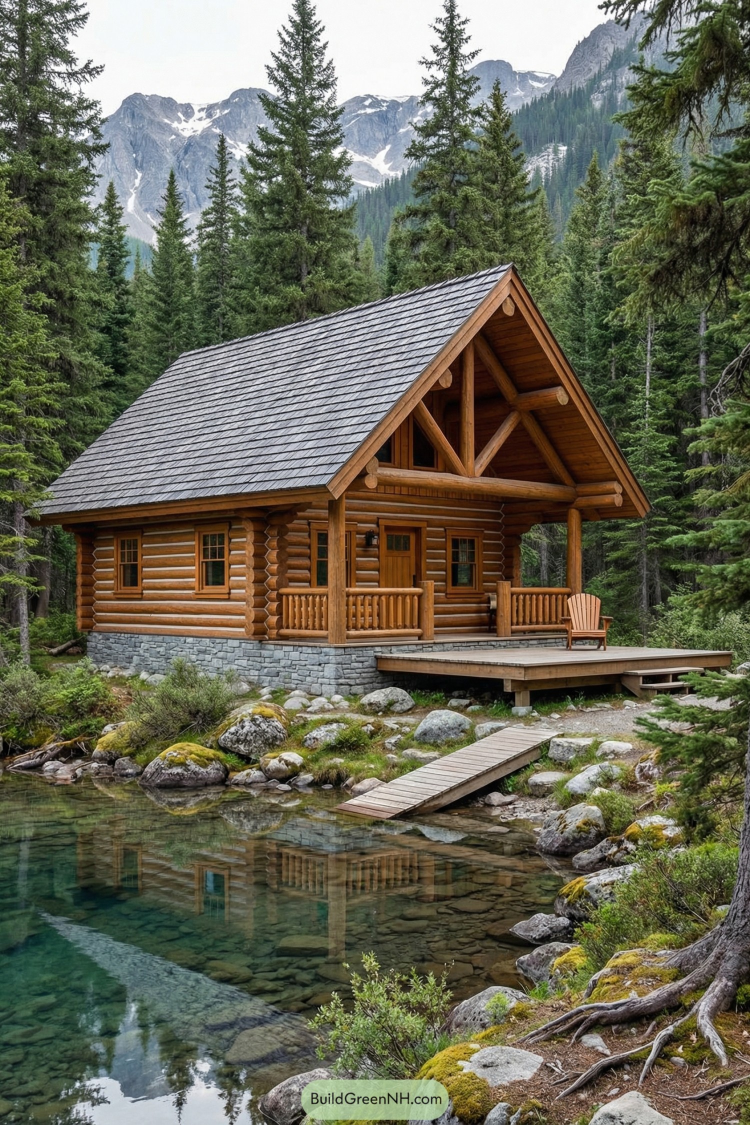 Cozy log cabin beside clear forest pond