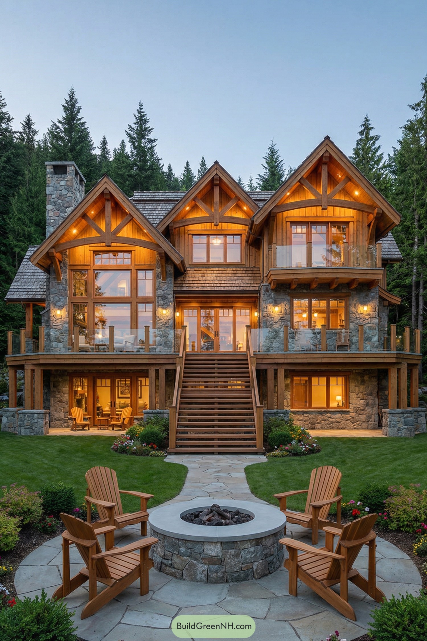 Large timber and stone lodge in forest