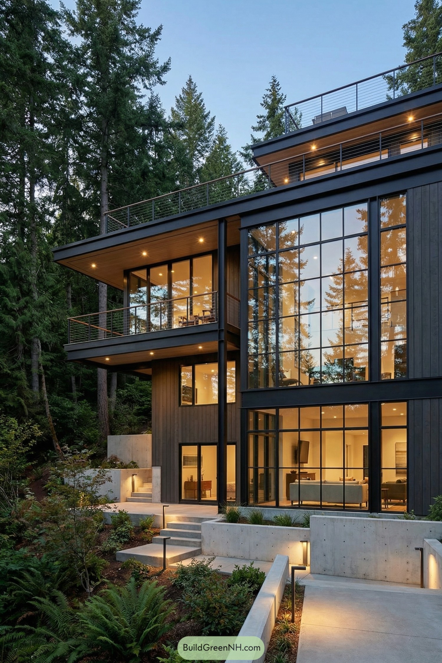 Modern three-story glass and wood forest home at dusk