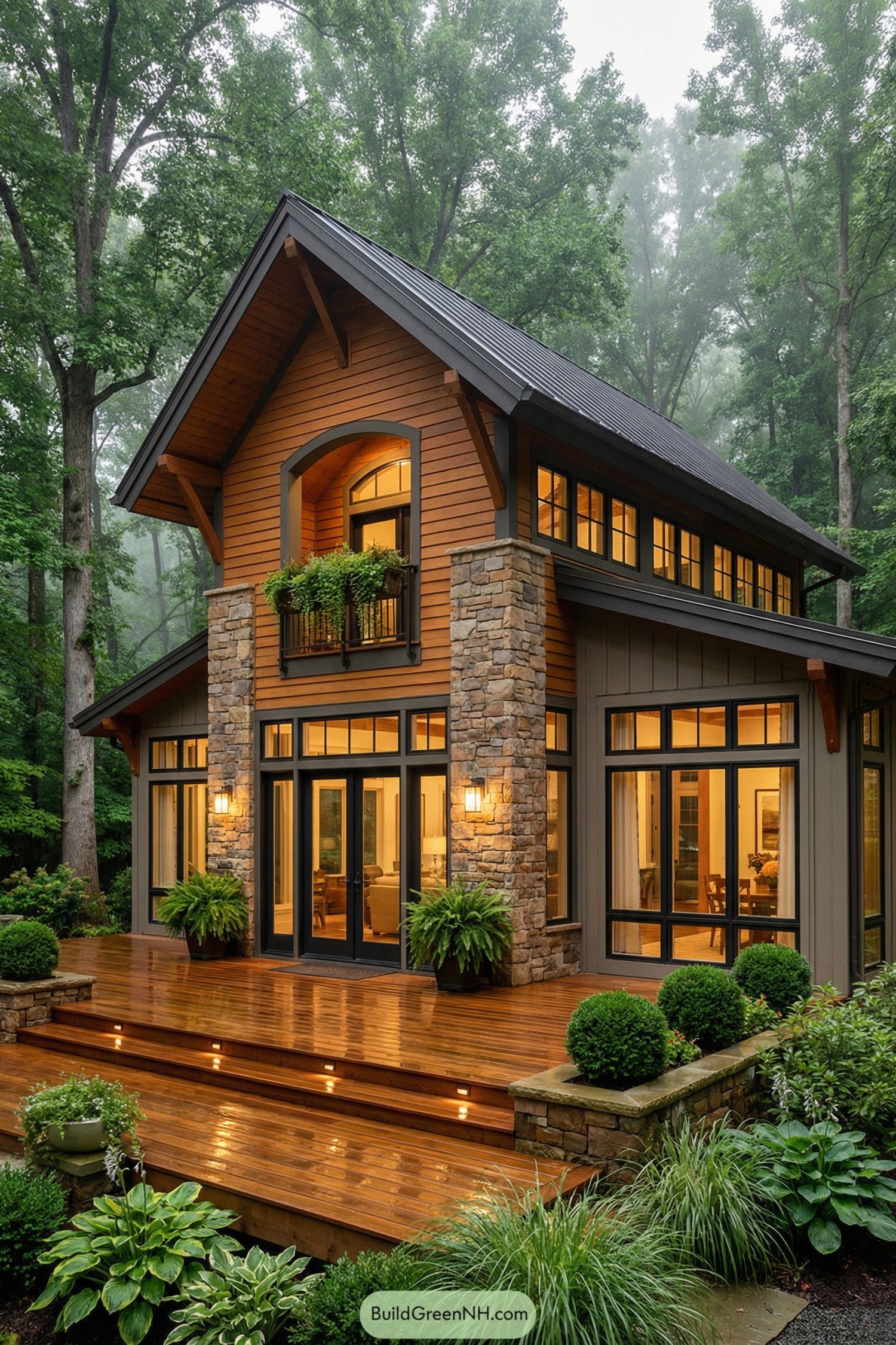Warm-lit wood and stone cottage with large windows and deck in a misty forest