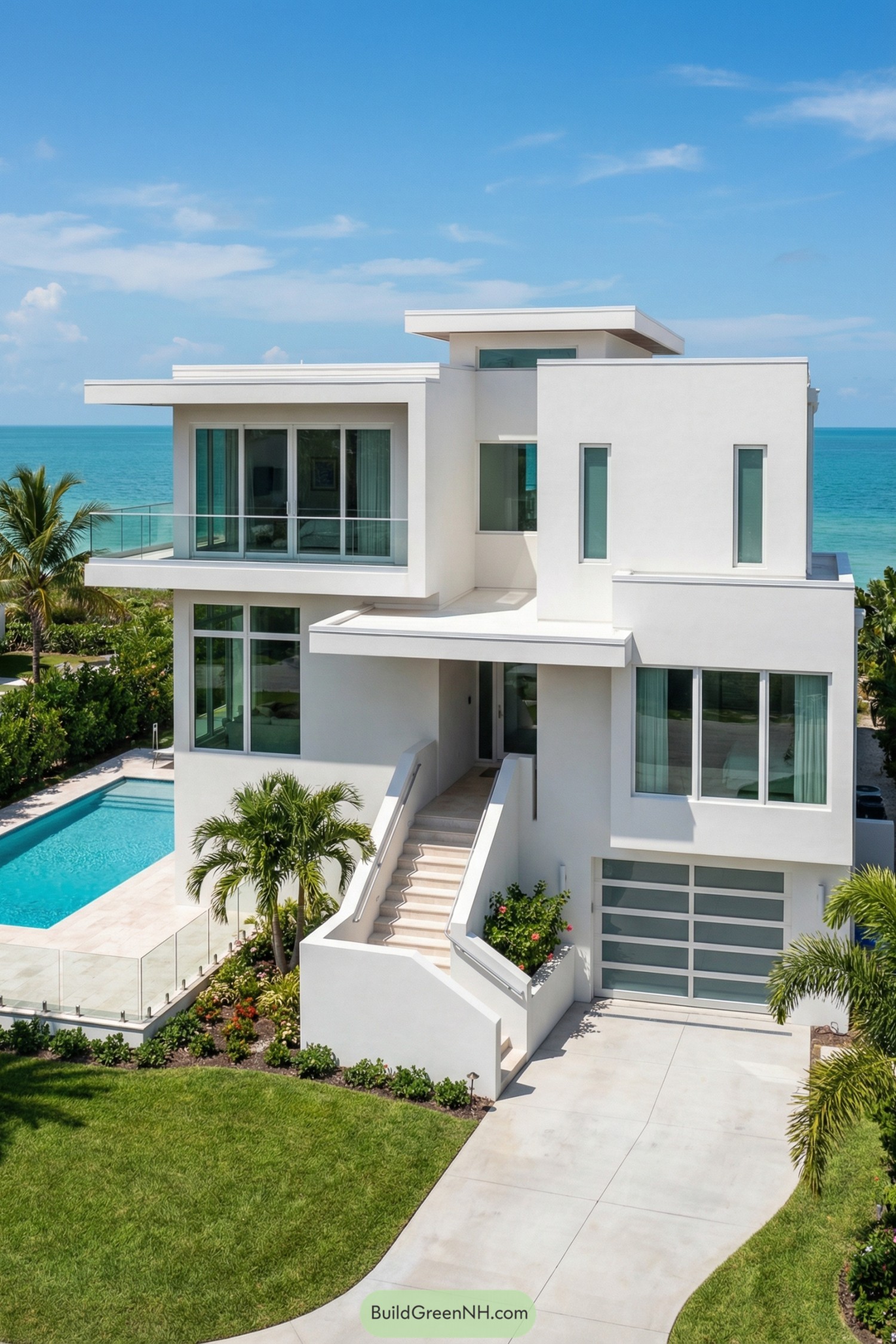 White modern beachfront house with pool and palm trees