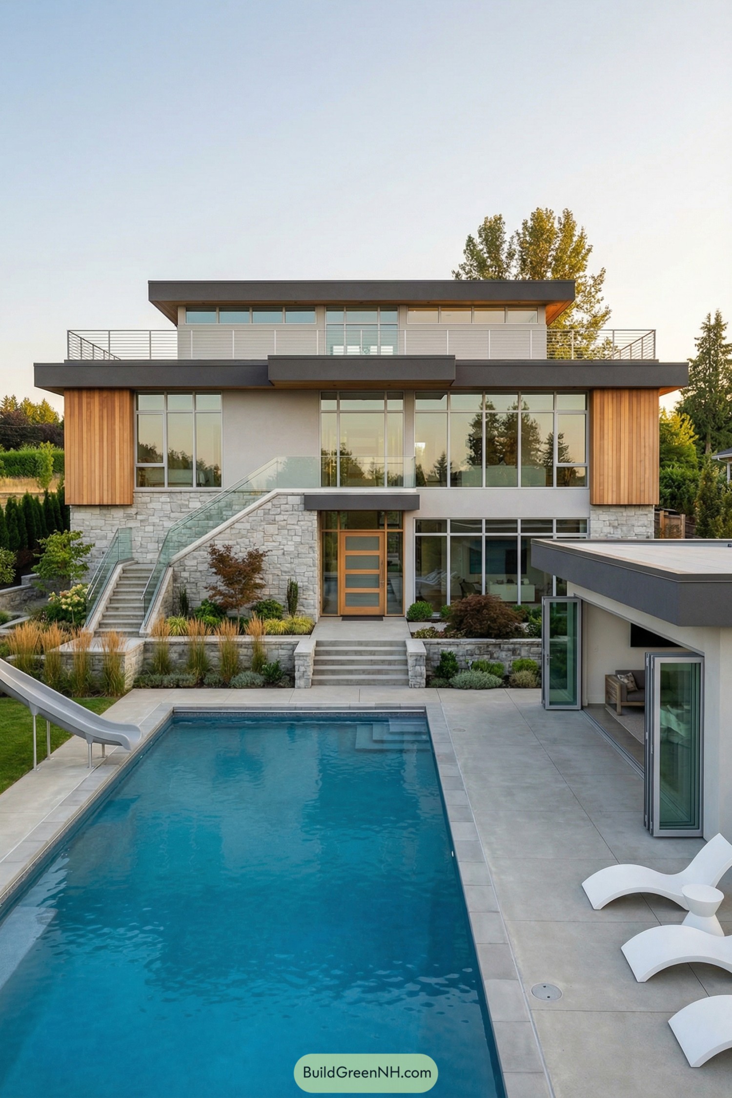 Three-story modern villa with stone base, big windows, and a lap pool with slide in the backyard