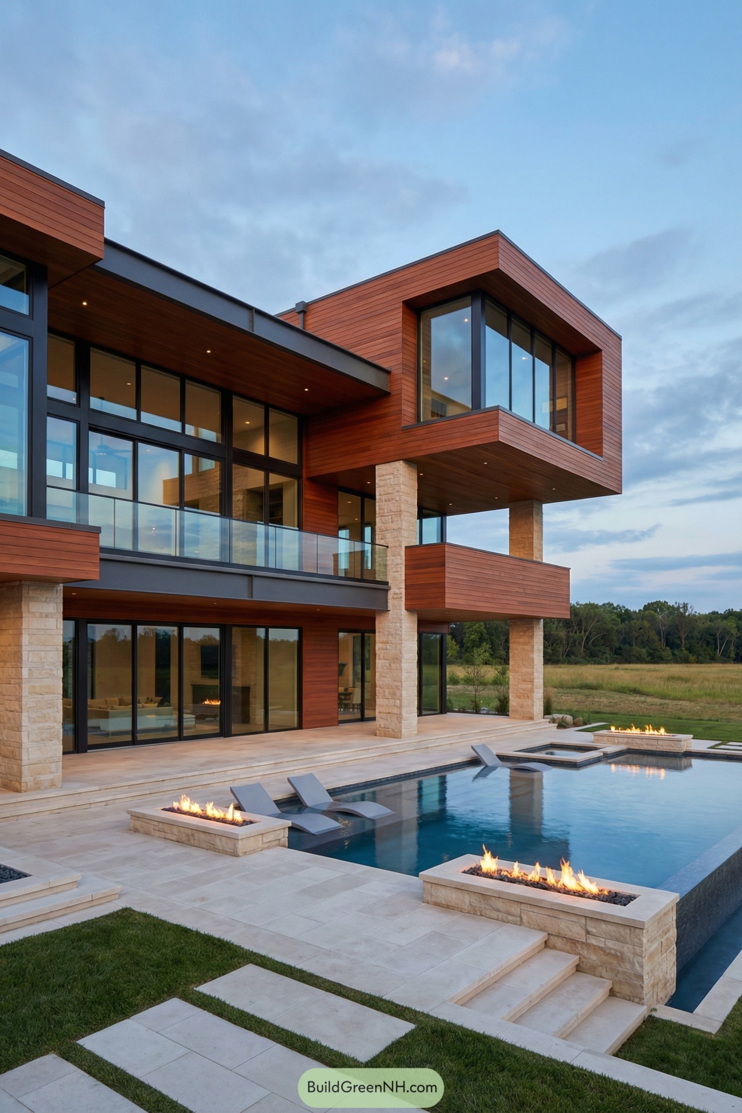 Modern multi-level wood and stone home with sleek pool, sun loungers, and linear fire features at dusk