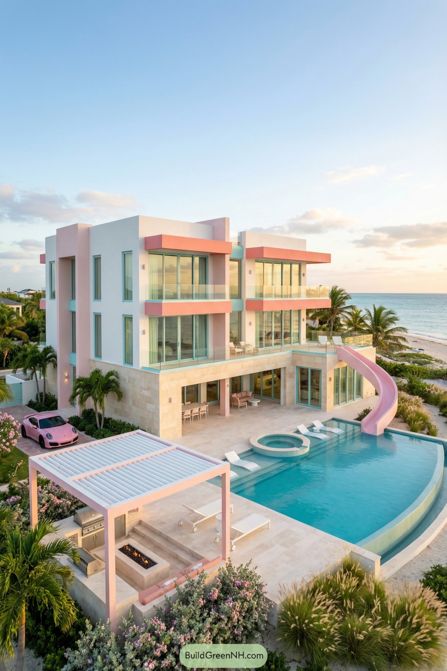 Pastel beachfront villa with infinity pool and slide