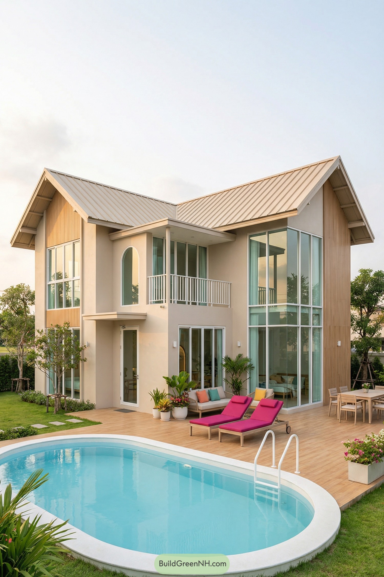Modern two story beige house with tall windows and a curved pool in a lush backyard