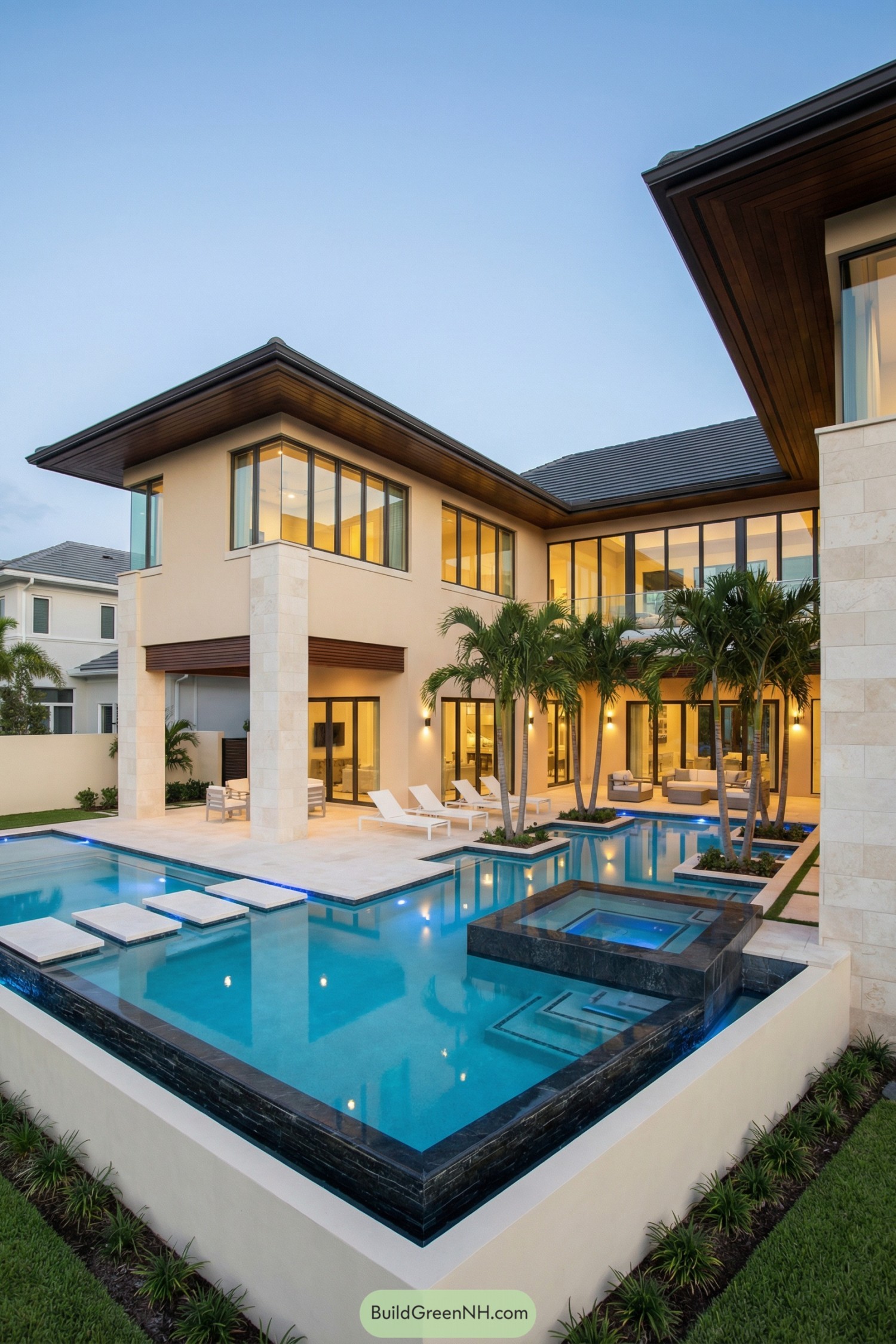 high-res photo of dream house with pool, contemporary tropical villa facade with clean lines and strong vertical columns, L-shaped two-story main volume forming a courtyard around the water, warm light-beige exterior with contrasting dark-brown roof soffits and trims, pale stone terrace continuing the same tone as the facade smooth stucco walls mixed with large rectangular light-stone cladding on columns and plinths, dark wood accents under roof overhangs, fine metal railings on the upper balcony in a matte silver or charcoal finish low-pitched hip roofs with wide overhangs, dark charcoal metal or tile roofing, sharp modern eaves, flat ceilings under the overhangs lined in dark wood full-height floor-to-ceiling windows and sliding glass walls with slim dark aluminum frames, corner glazing and continuous glass bands on ground and upper levels, warm interior lighting visible through glass wide sliding glass doors integrated with the window walls, clear glass and dark frames, some recessed under deep loggias, one main opening toward the pool lounge large geometric pool wrapping around the house, bright turquoise water with blue LED strip lighting along edges, shallow water channels running parallel to the facade, floating rectangular white stepping stones across the water, a raised square island in the pool finished in darker stone with built-in steps, expansive pale stone pool deck with minimalistic white loungers and modern modular outdoor sofas and tables under covered terraces regular rows of tall palm trees planted in square planters set into the pool and deck, neatly trimmed low groundcover around trunks, narrow grass strips integrated in a grid with stepping stones beyond the pool, clean cream boundary walls around the property with a darker stone base suburban tropical background with low modern houses barely visible over the perimeter wall, calm dusk sky in soft blue gradient, subtle reflections of the architecture and palms in the still pool water, composed from ground level at an oblique angle emphasizing depth and symmetry real-life photo, high-resolution, architectural photography, soft lighting, cinematic composition