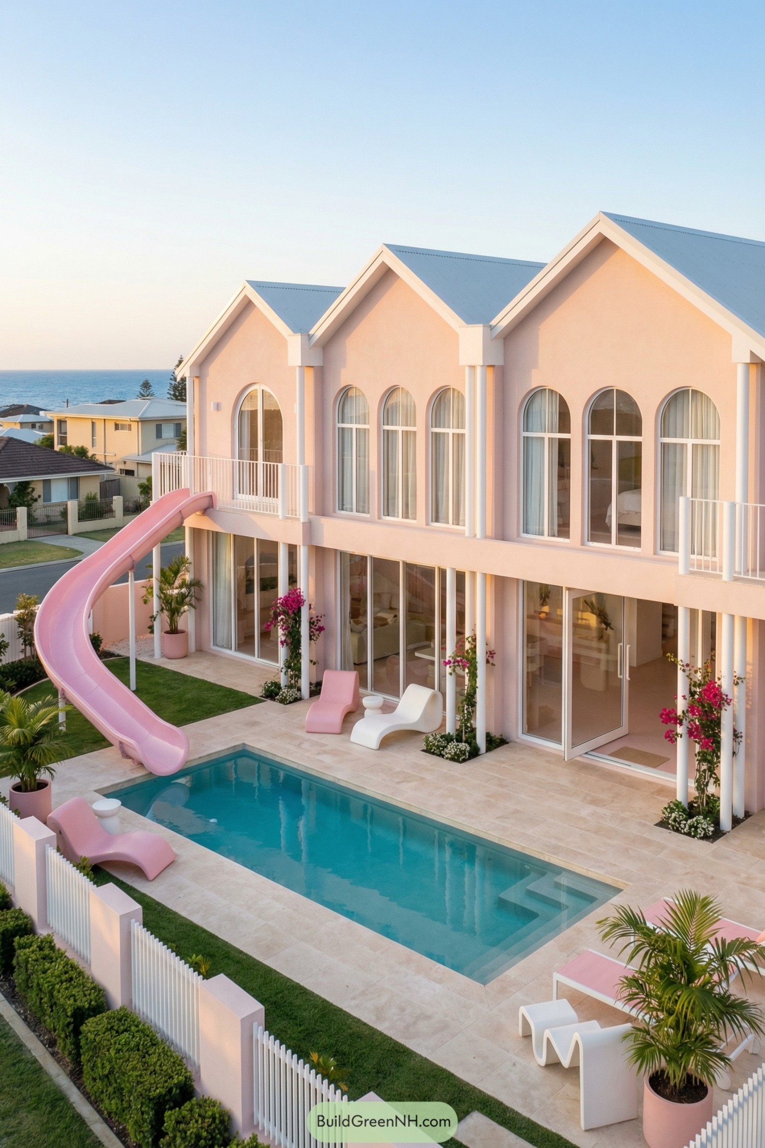 Pink coastal villa with rectangular pool and tall slide