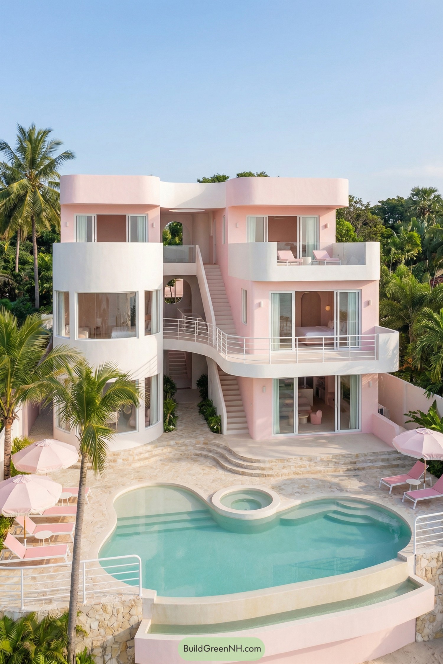 Pink three story beachfront villa with curvy pool and spa