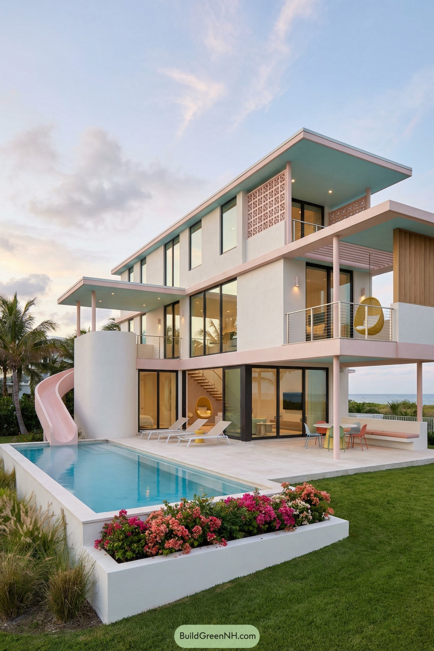 Pastel three story beach house with glass walls, lap pool, and curved slide