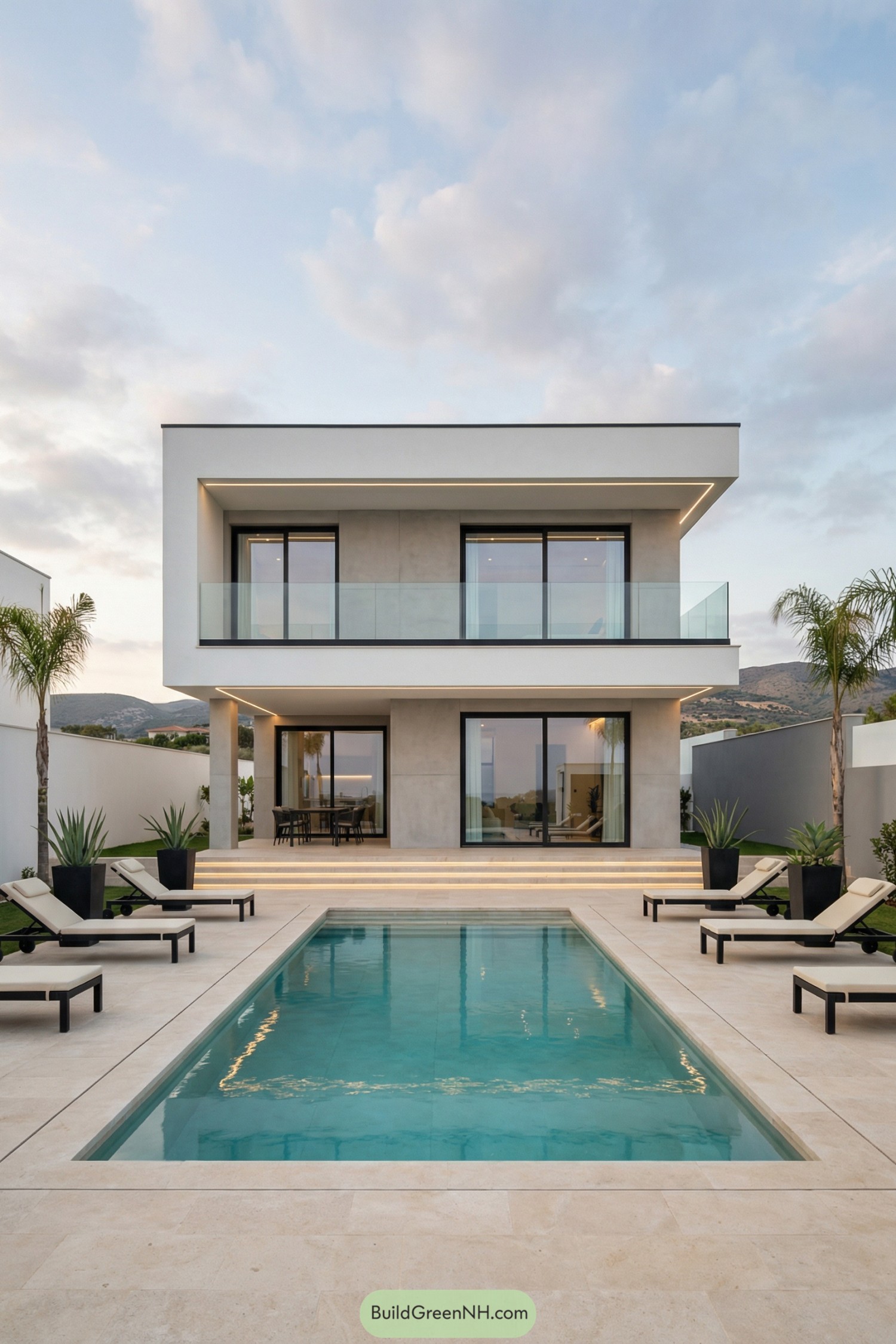 Modern two story white villa with rectangular pool, loungers, and palm trees in a minimalist courtyard