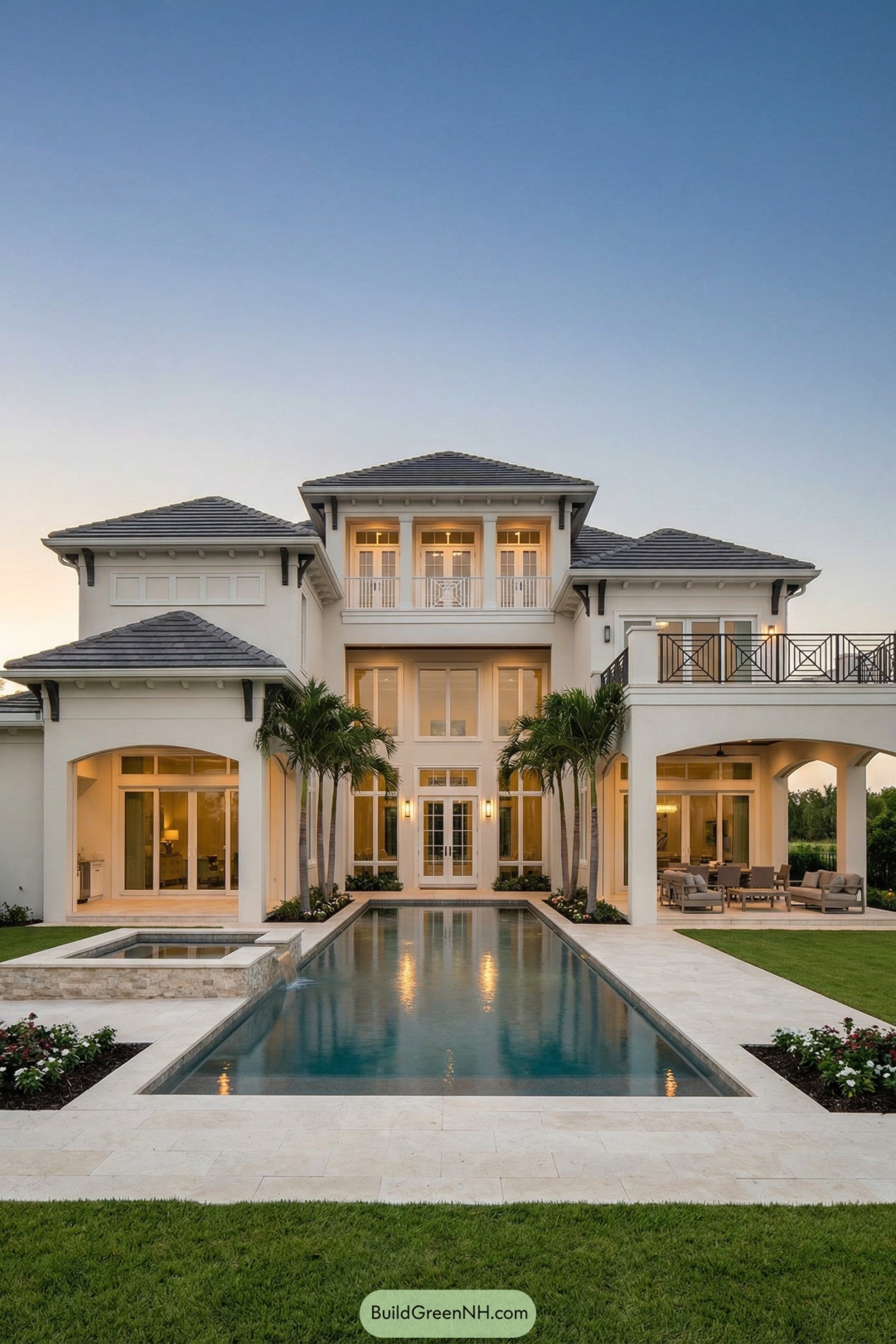 Modern white villa with long rectangular pool